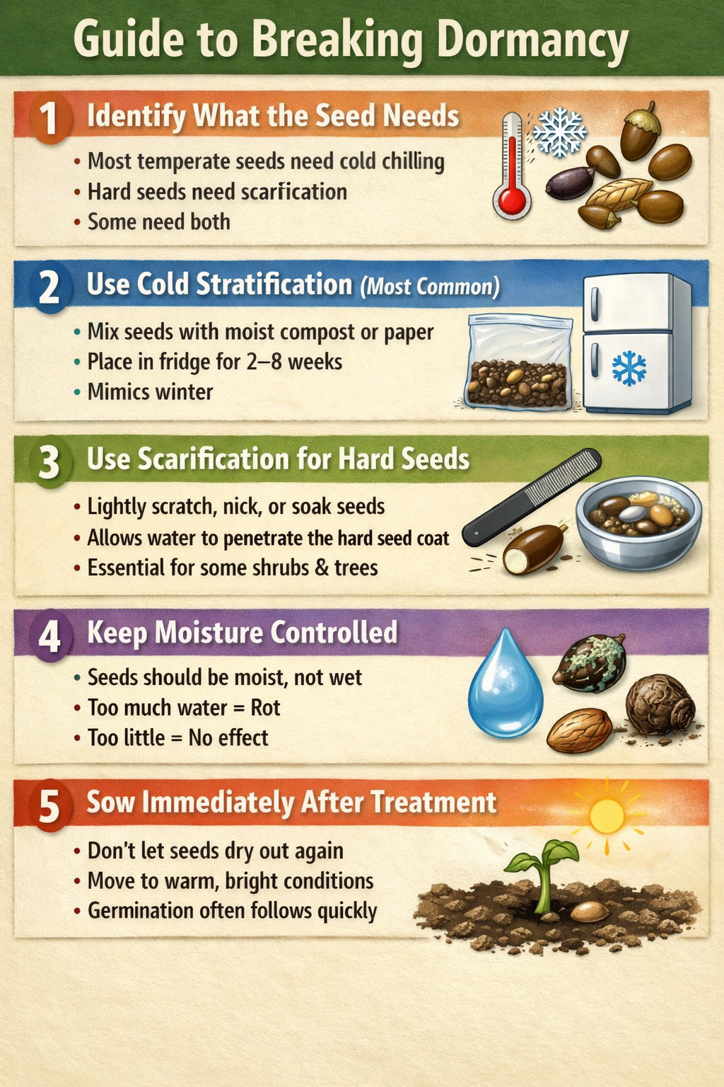 5 step guide to breaking dormancyStep 1 Identify what the seed needsMost temperate seeds need cold chillingHard seeds need scarificationSome need both