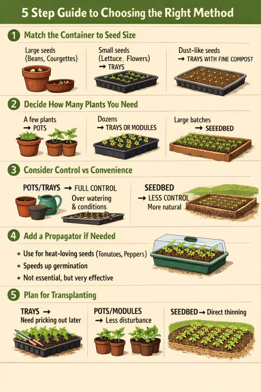 5 step guide to choosing the right methodStep 1 Match the container to seed sizeLarge seeds beans courgettes potsSmall seeds lettuce flowers traysDu