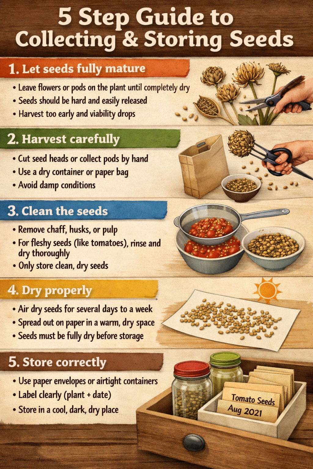 5 step guide to collecting and storing seedsStep 1 Let seeds fully matureLeave flowers or pods on the plant until completely drySeeds should be hard a-1