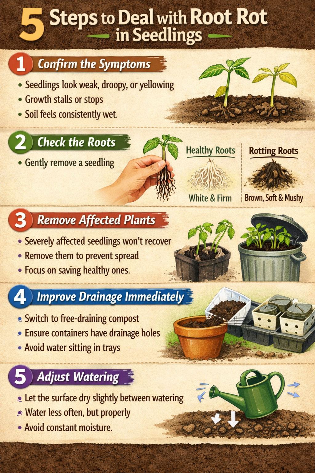 5 step guide to dealing with root rot in seedlingsStep 1 Confirm the symptomsSeedlings look weak droopy or yellowingGrowth stalls or stopsSoil feels c