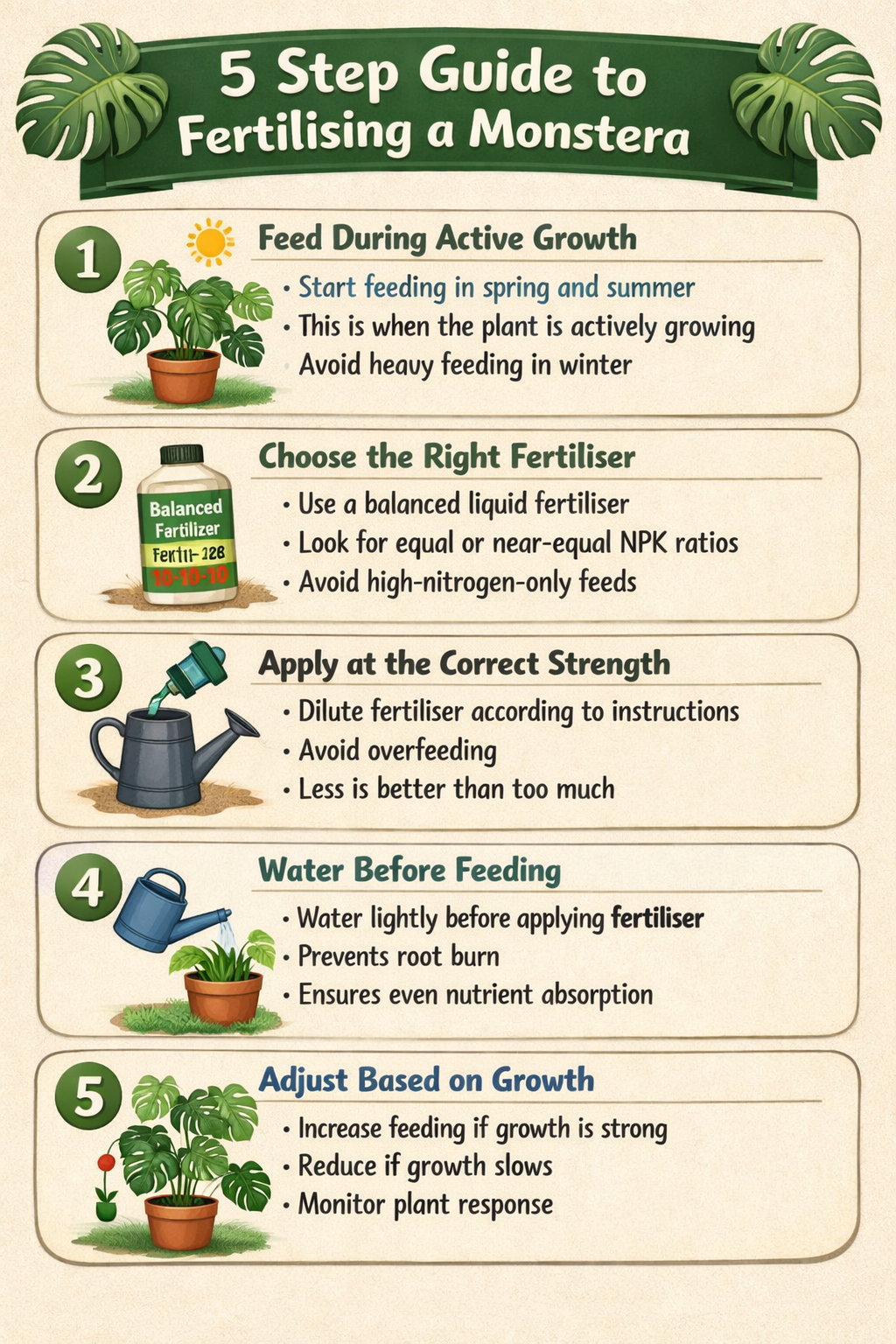 5 step guide to fertilising a MonsteraStep 1 Feed during active growthStart feeding in spring and summerThis is when the plant is actively growingAvoi-1
