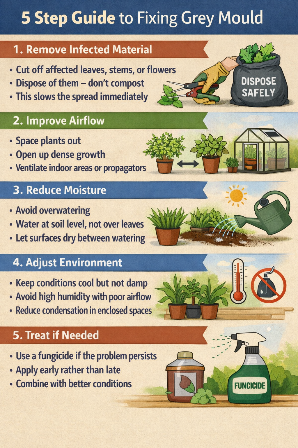 5 step guide to fixing grey mouldStep 1 Remove infected materialCut off affected leaves stems or flowersDispose of them dont compostThis slows the sp-1