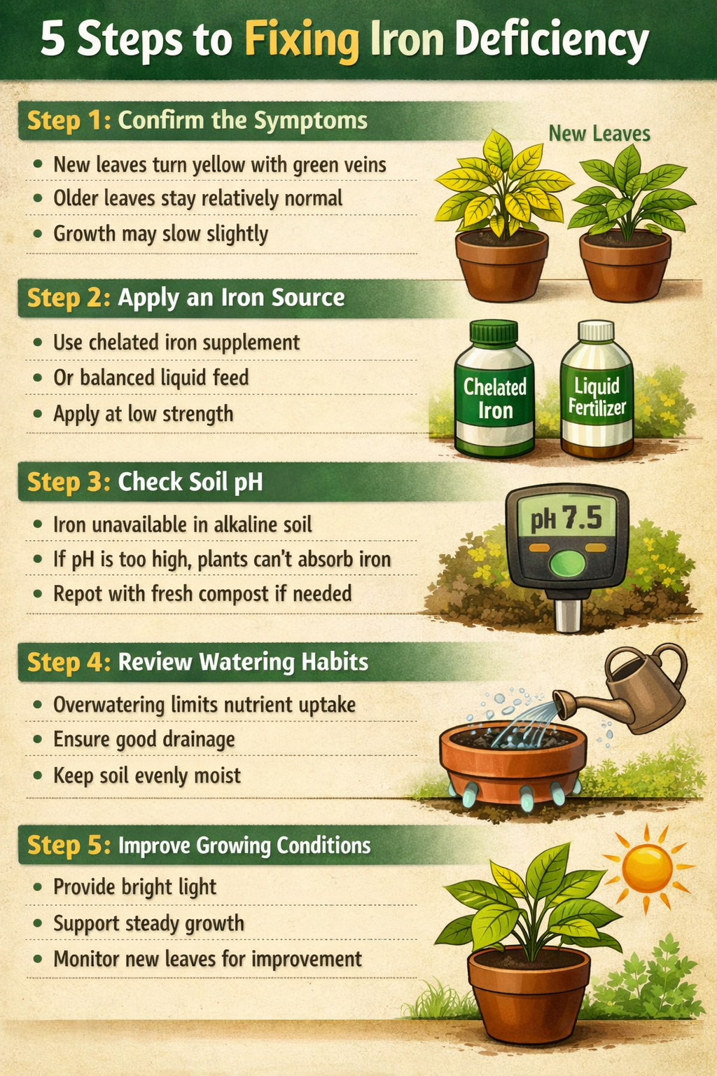 5 step guide to fixing iron deficiencyStep 1 Confirm the symptomsNew leaves turn yellow with green veinsOlder leaves stay relatively normalGrowth may-1