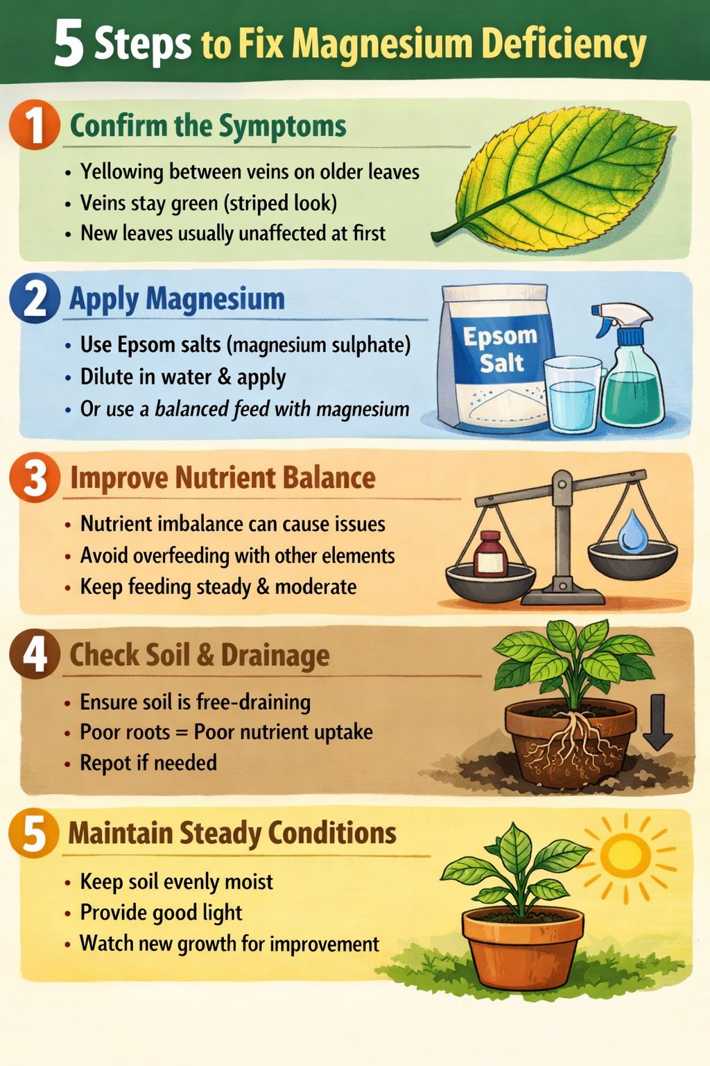 5 step guide to fixing magnesium deficiencyStep 1 Confirm the symptomsYellowing between veins on older leavesVeins stay green striped lookNew leaves u-1