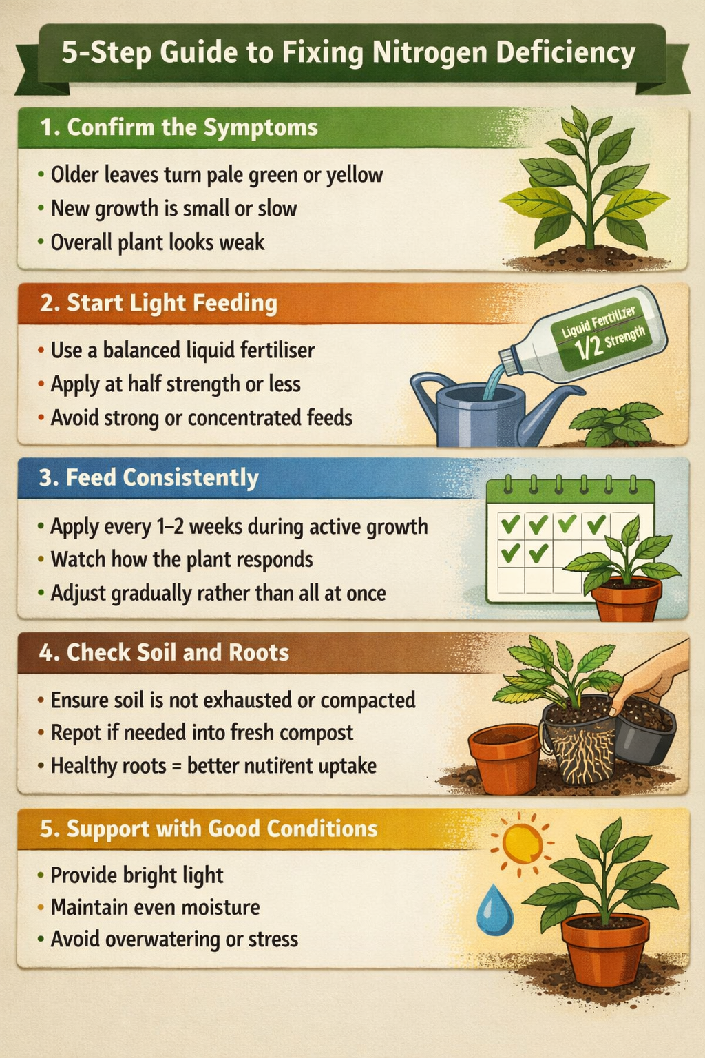 5 step guide to fixing nitrogen deficiencyStep 1 Confirm the symptomsOlder leaves turn pale green or yellowNew growth is small or slowOverall plant lo-1