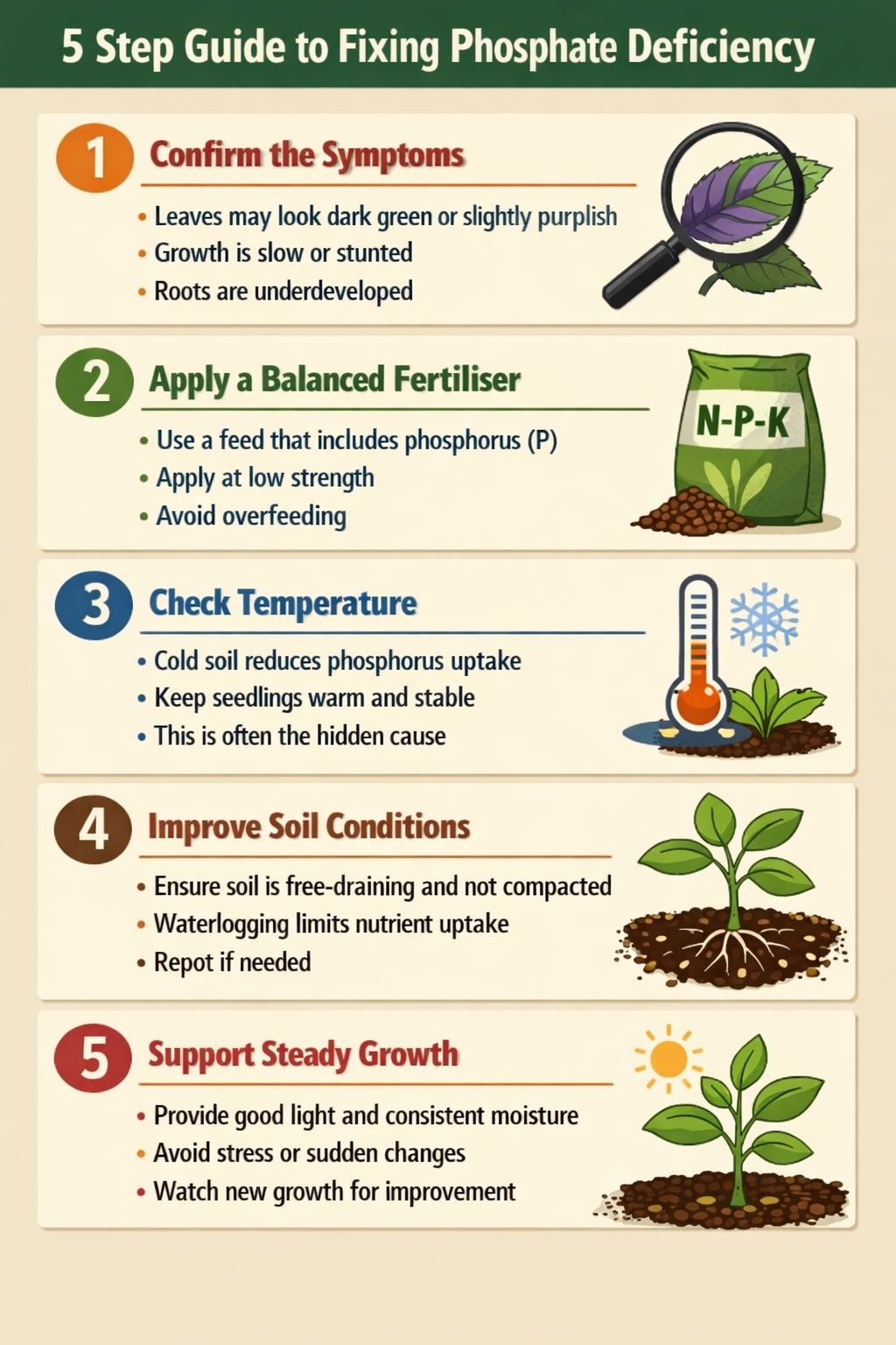 5 step guide to fixing phosphate deficiencyStep 1 Confirm the symptomsLeaves may look dark green or slightly purplishGrowth is slow or stuntedRoots ar
