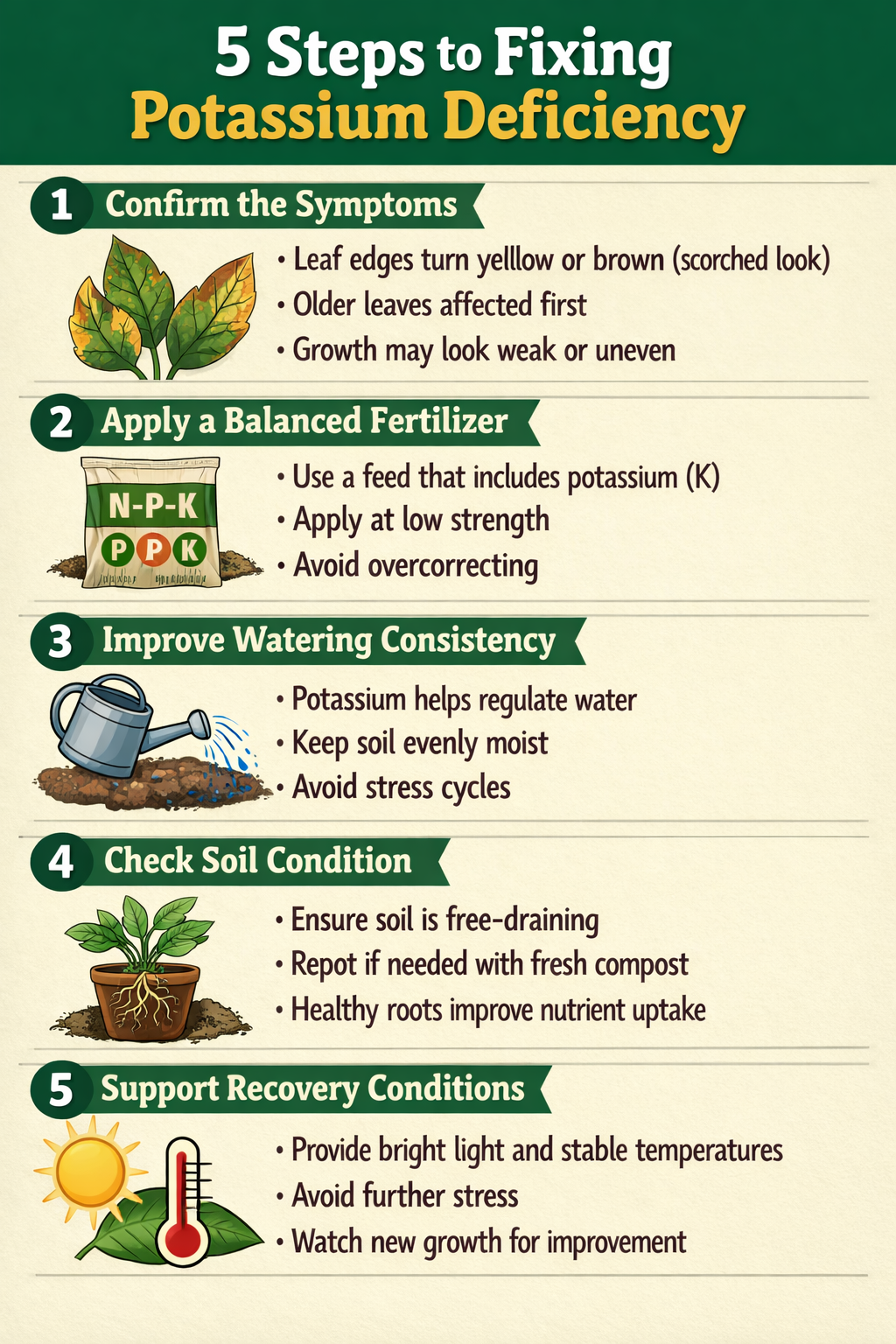 5 step guide to fixing potassium deficiencyStep 1 Confirm the symptomsLeaf edges turn yellow or brown scorched lookOlder leaves are affected firstGrow-1