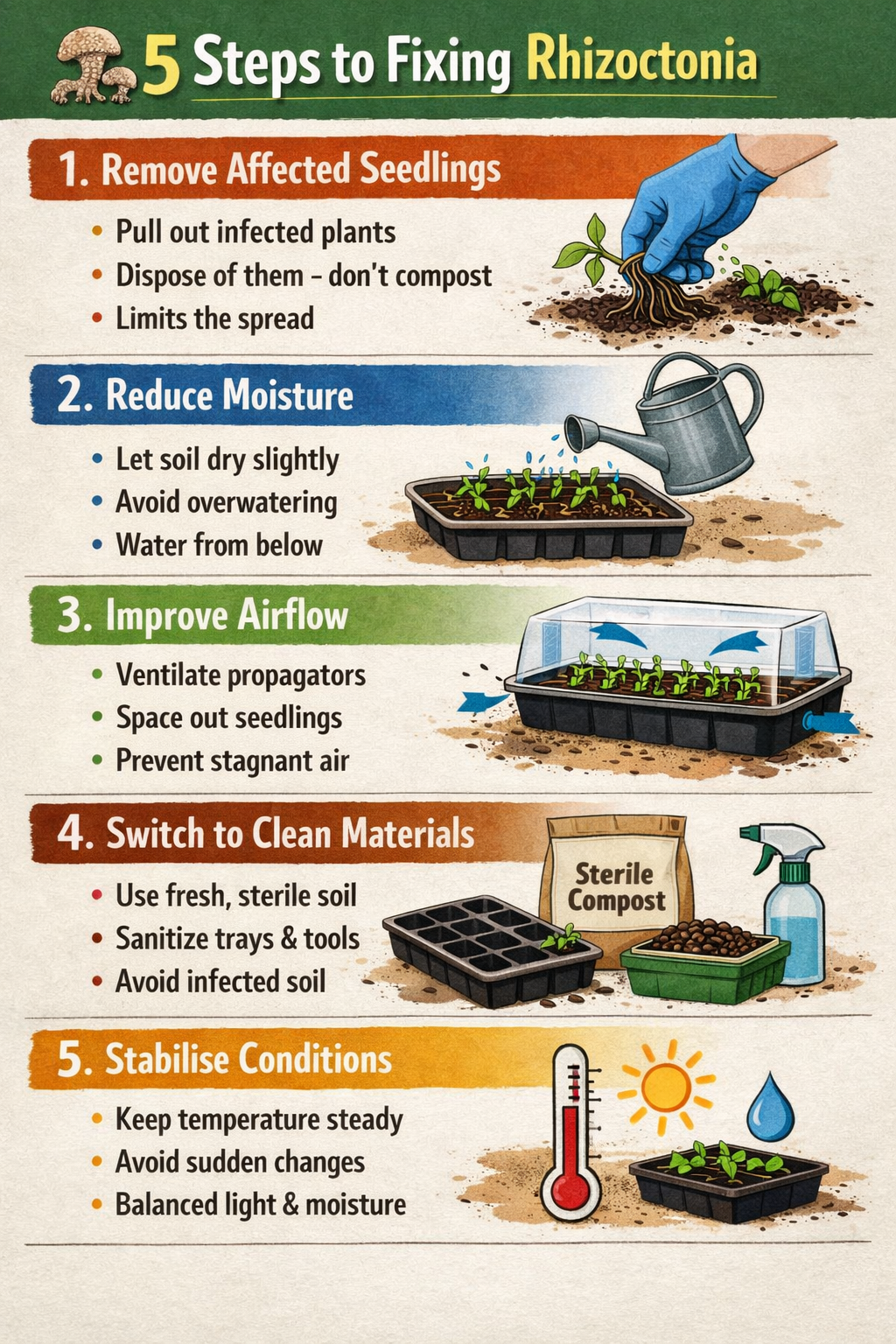 5 step guide to fixing rhizoctoniaStep 1 Remove affected seedlingsPull out any collapsed or infected plants immediatelyDispose of them  dont compostTh