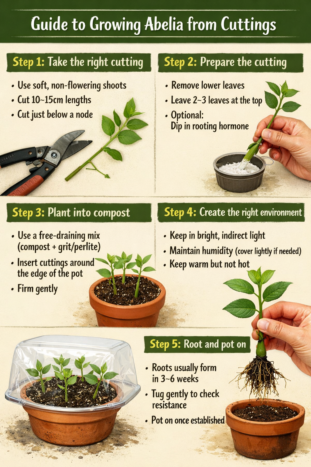 5 step guide to growing Abelia from cuttingsStep 1 Take the right cuttingUse soft nonflowering shootsCut 1015cm lengthsCut just below a nodeStep 2 Pre-1
