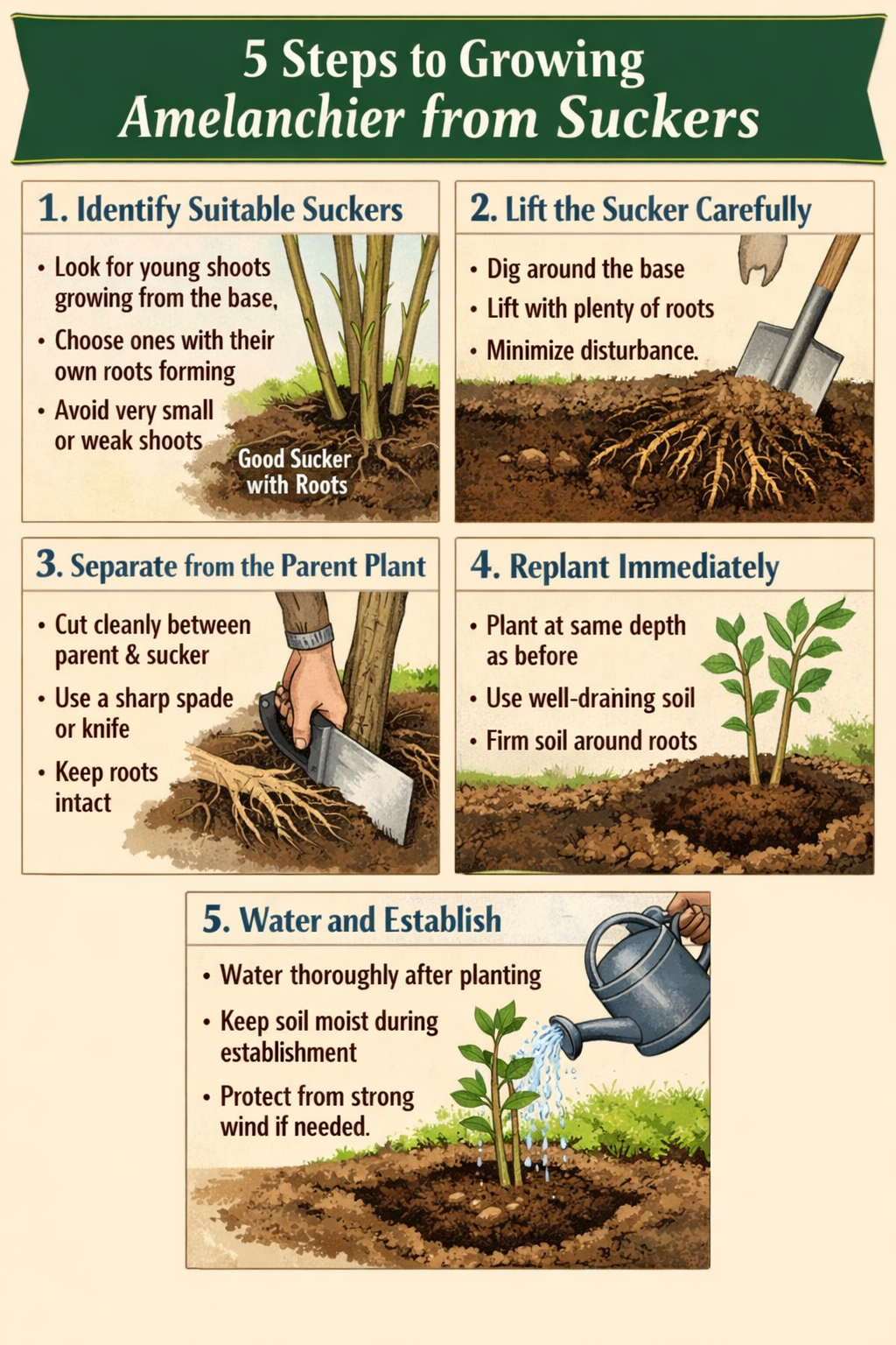 5 step guide to growing Amelanchier from suckersStep 1 Identify suitable suckersLook for young shoots growing from the baseChoose ones with their own