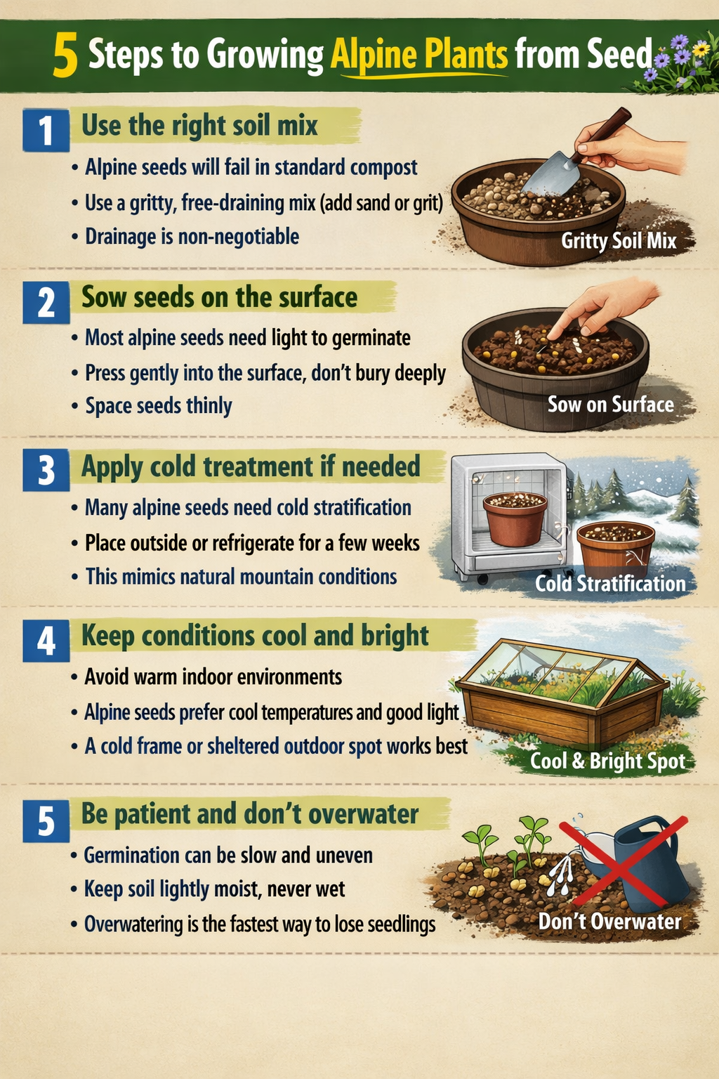 5 step guide to growing alpine plants from seedStep 1 Use the right soil mixAlpine seeds will fail in standard compostUse a gritty freedraining mix ad-1
