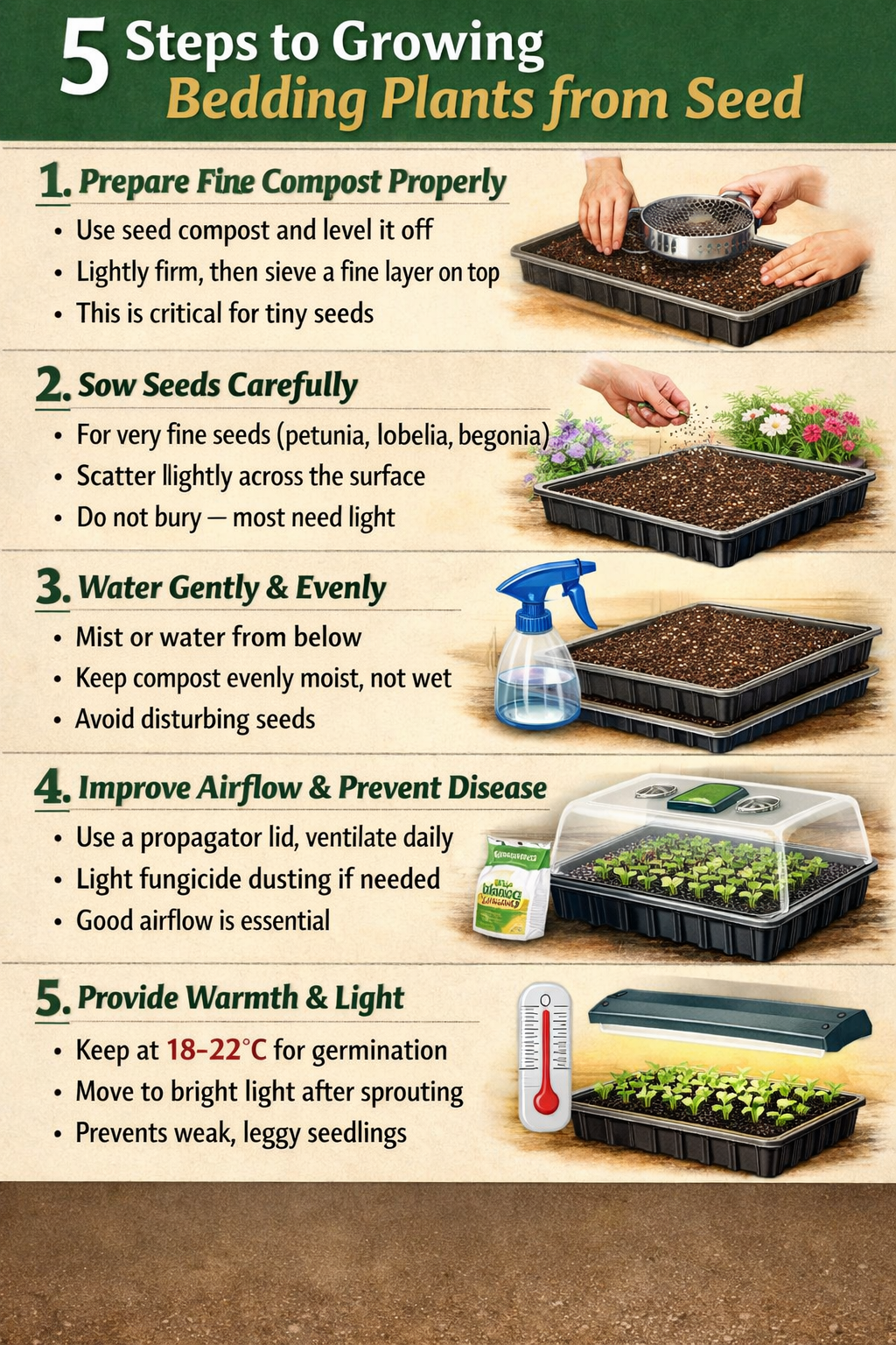 5 step guide to growing bedding plants from seedStep 1 Prepare fine compost properlyUse seed compost and level it offLightly firm then sieve a fine la-1