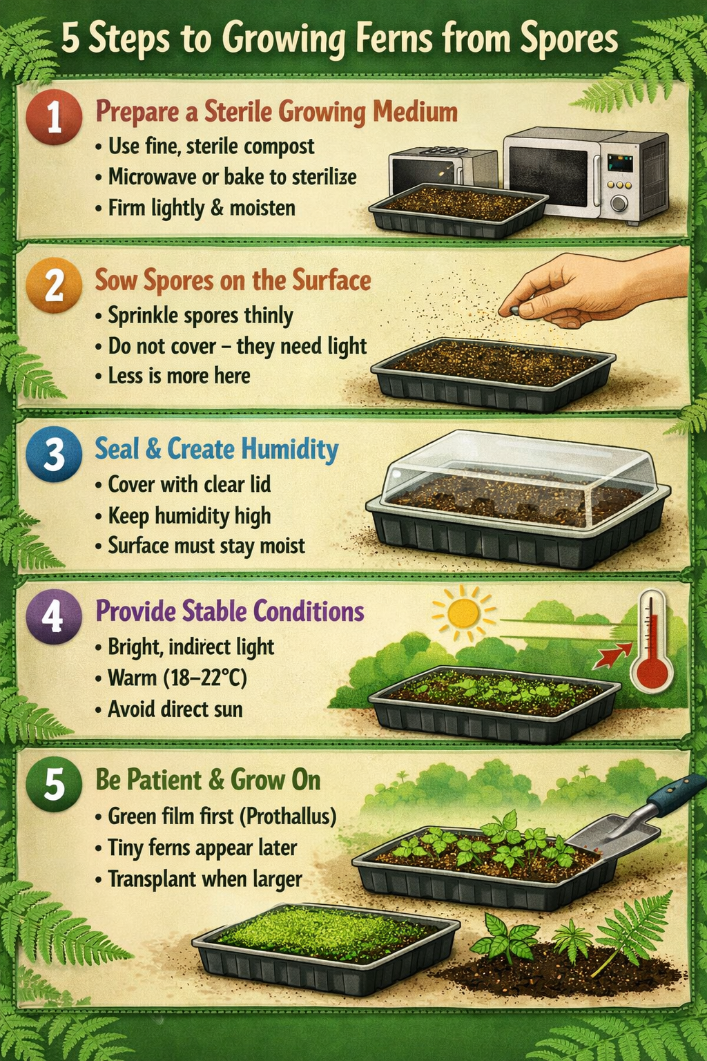 5 step guide to growing ferns from sporesStep 1 Prepare a sterile growing mediumUse fine sterile compost importantSome growers microwave or bake compo-1