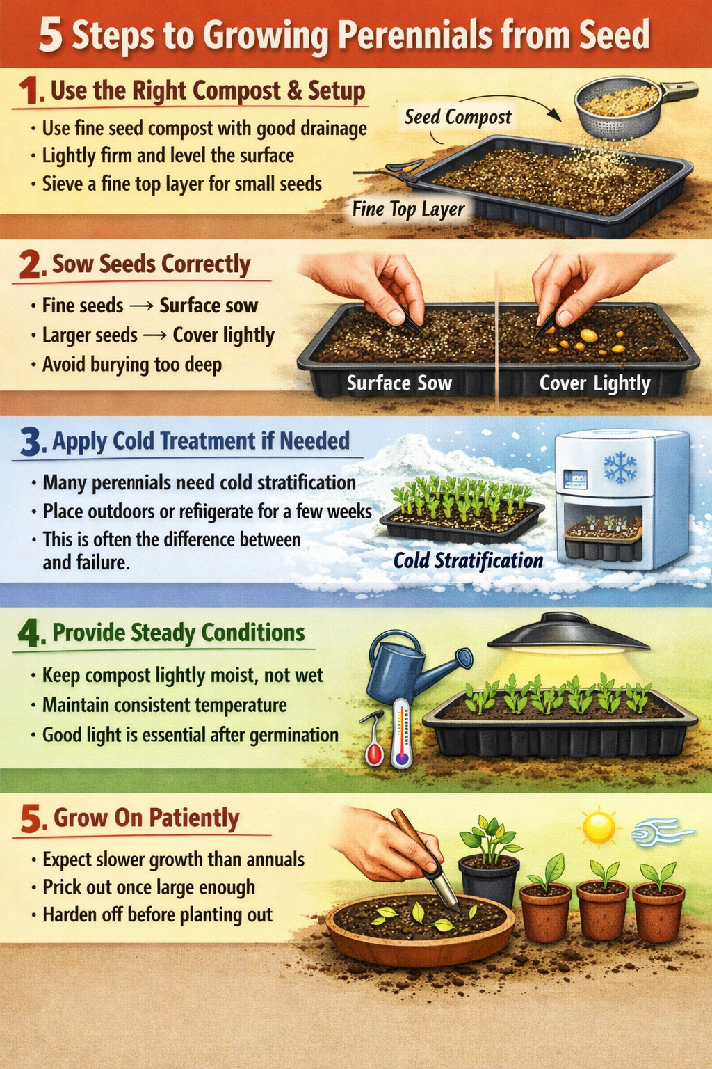 5 step guide to growing perennials from seedStep 1 Use the right compost and setupUse fine seed compost with good drainageLightly firm and level the s-1