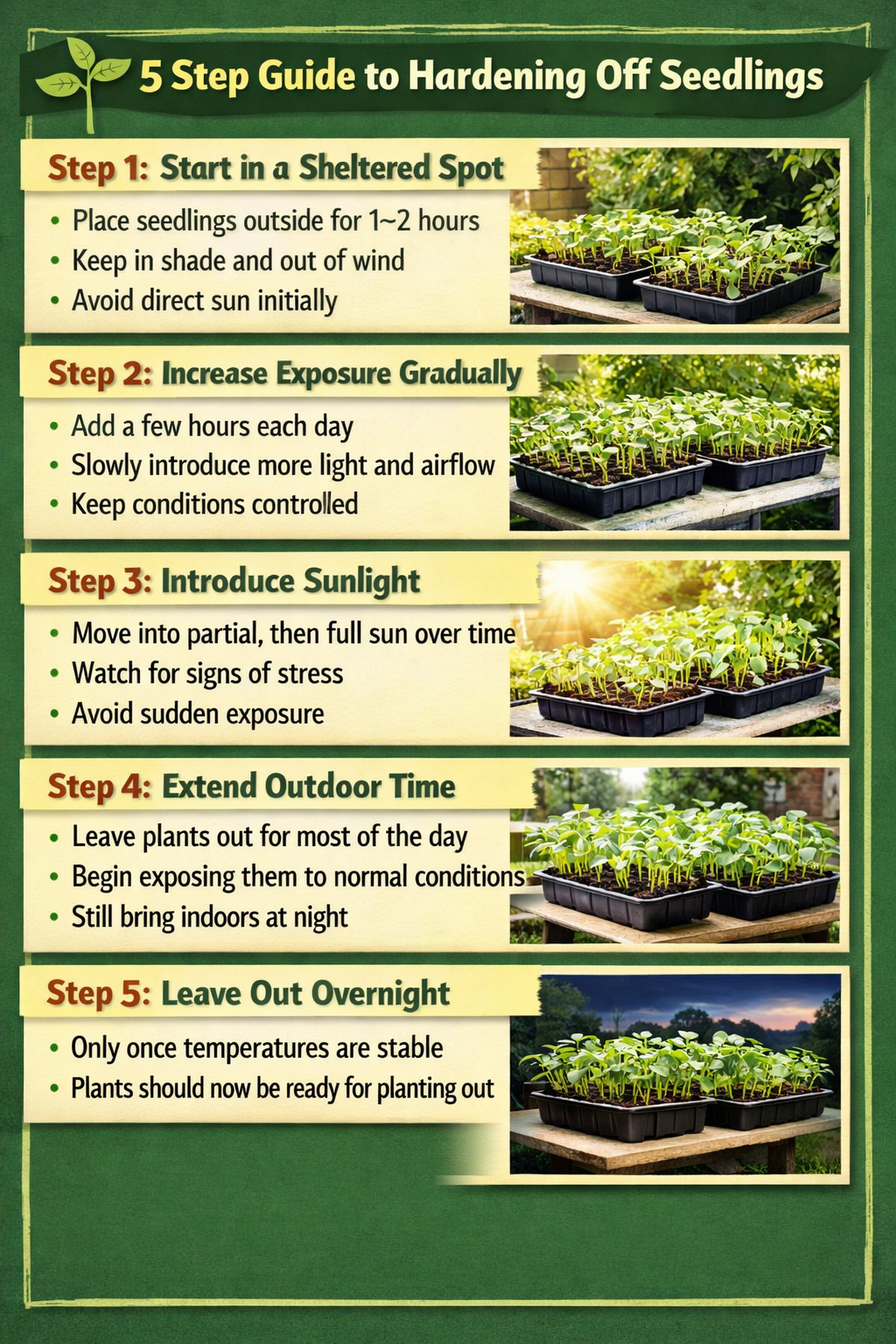 5 step guide to hardening off seedlingsStep 1 Start in a sheltered spotPlace seedlings outside for 12 hoursKeep in shade and out of windAvoid direct s-1