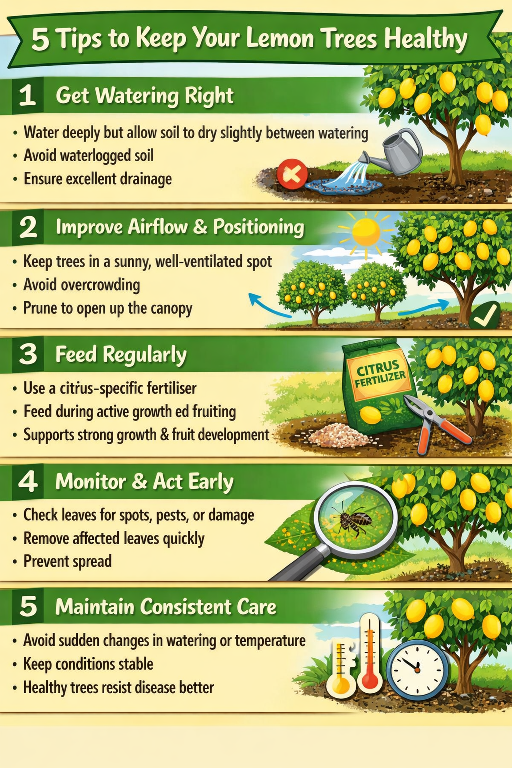 5 step guide to keeping lemon trees healthyStep 1 Get watering rightWater deeply but allow soil to dry slightly between wateringAvoid waterlogged soil