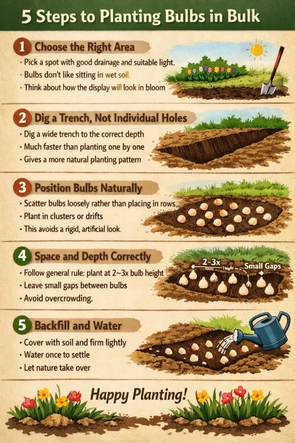 5 step guide to planting bulbs in bulkStep 1 Choose the right areaPick a spot with good drainage and suitable lightBulbs dont like sitting in wet soil-1