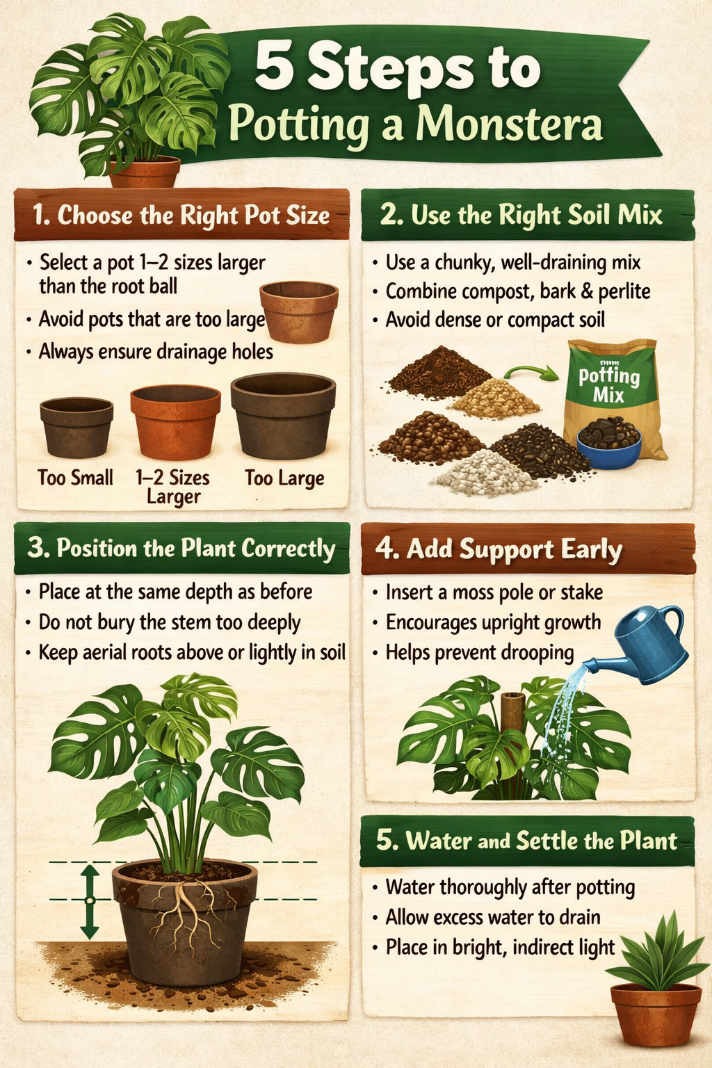 5 step guide to potting a MonsteraStep 1 Choose the right pot sizeSelect a pot 12 sizes larger than the root ballAvoid pots that are too large can hol