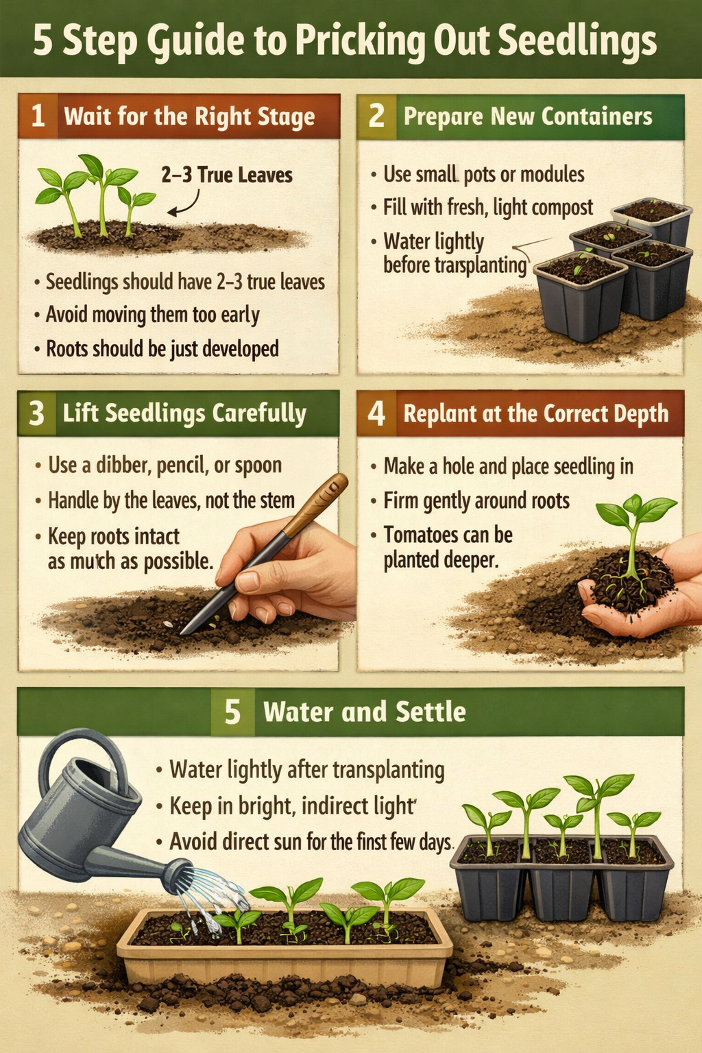 5 step guide to pricking out seedlingsStep 1 Wait for the right stageSeedlings should have 23 true leavesAvoid moving them too earlyRoots should be ju