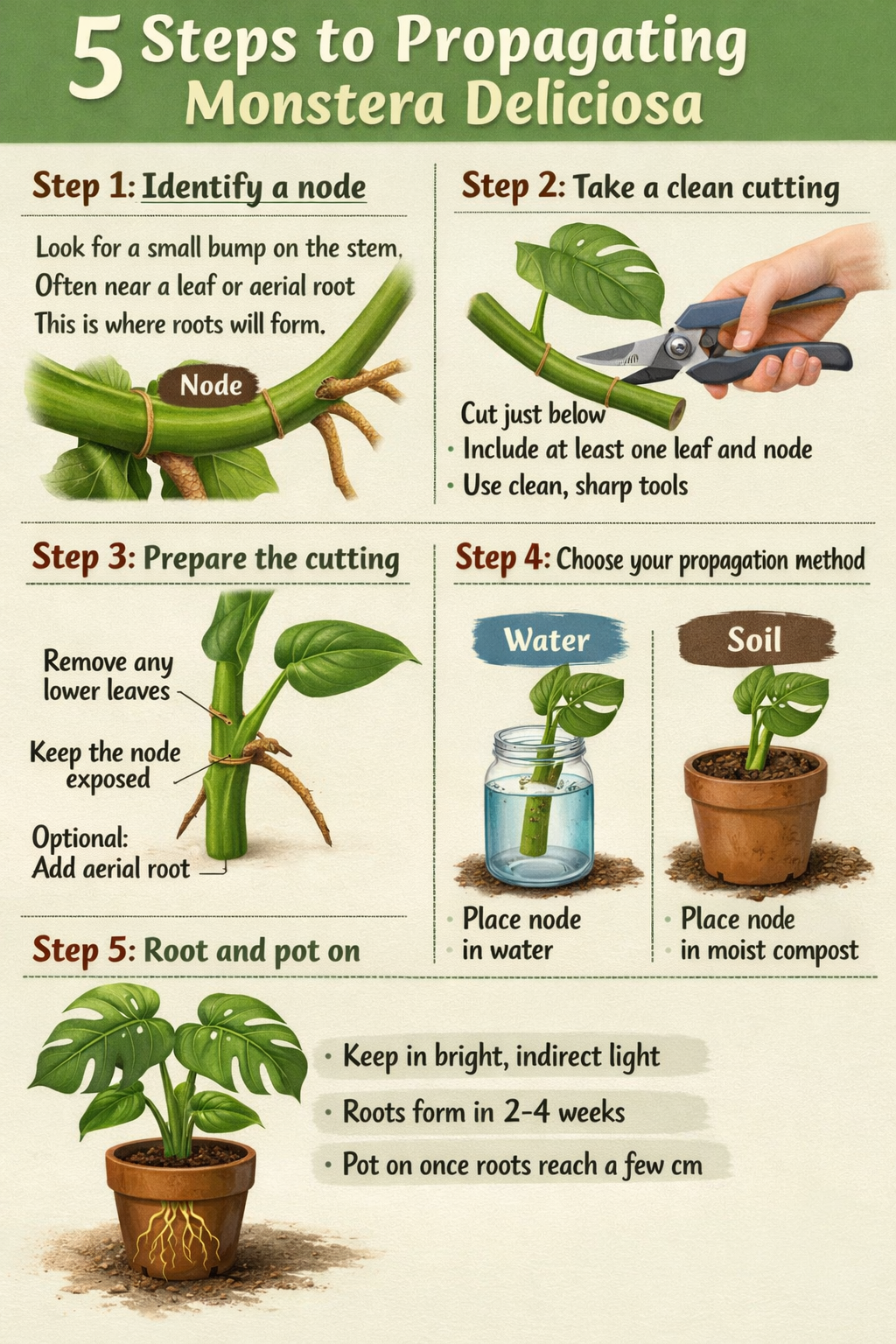 5 step guide to propagating Monstera deliciosaStep 1 Identify a nodeLook for a small bump on the stemOften near a leaf or aerial rootThis is where roo-1