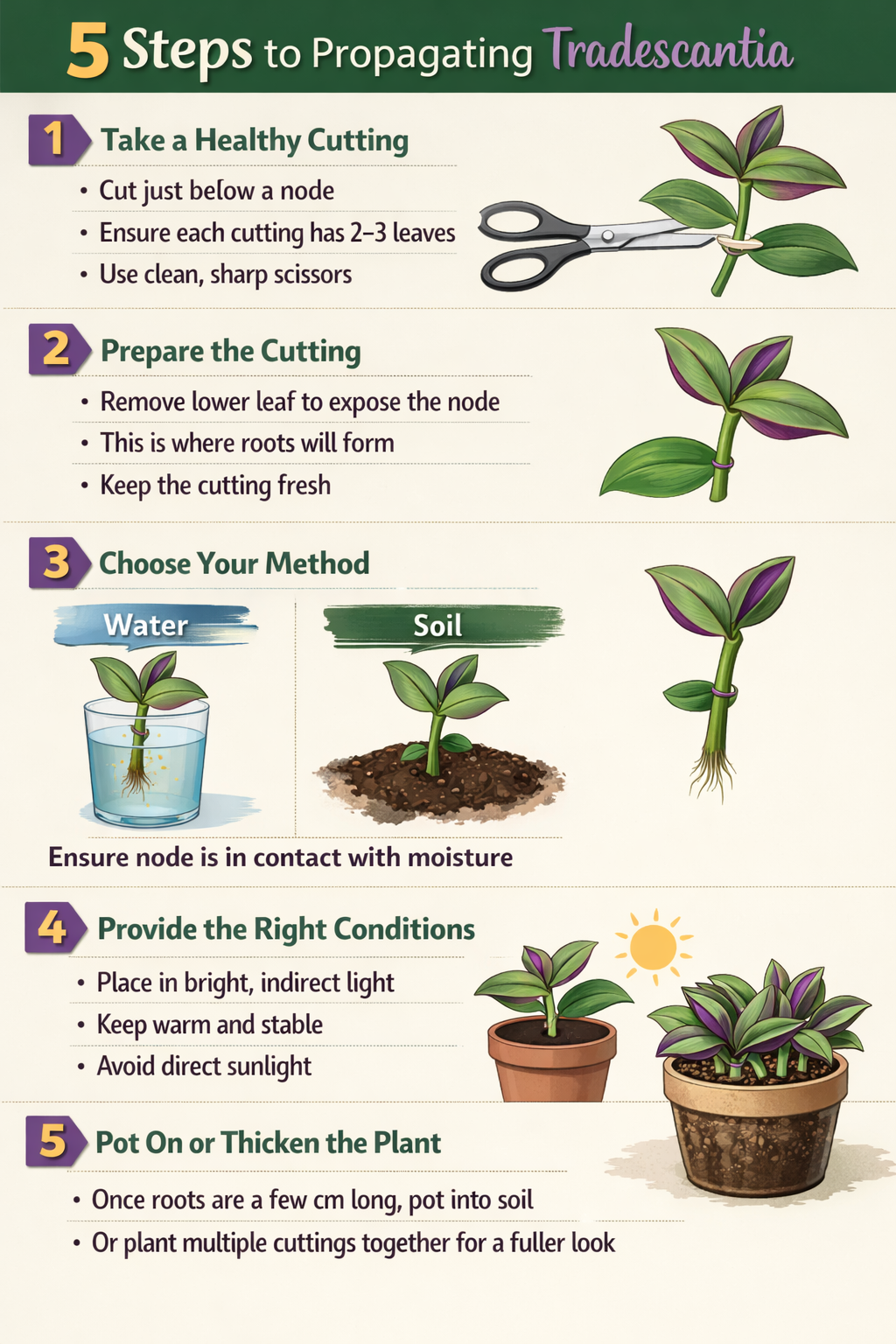 5 step guide to propagating TradescantiaStep 1 Take a healthy cuttingCut just below a nodeEnsure each cutting has 23 leavesUse clean sharp scissorsSte-1