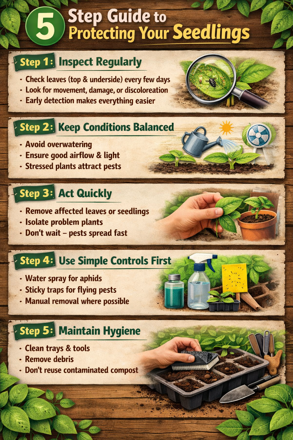 5 step guide to protecting your seedlingsStep 1 Inspect regularlyCheck leaves top and underside every few daysLook for movement damage or discolourati-1