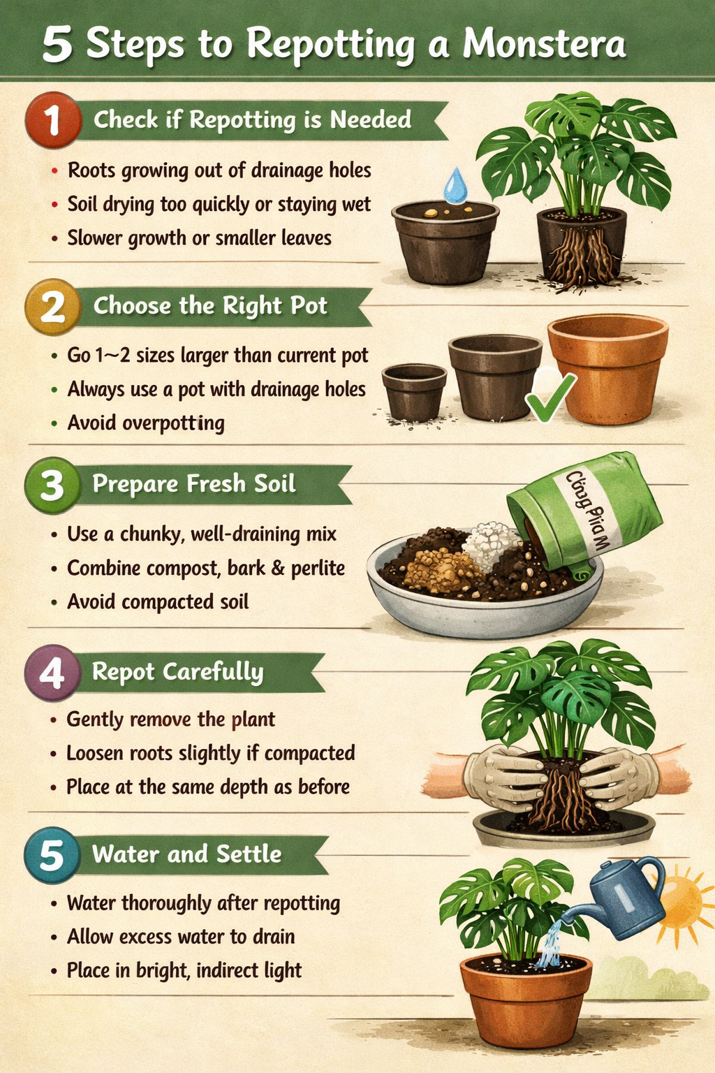 5 step guide to repotting a MonsteraStep 1 Check if repotting is neededRoots growing out of drainage holesSoil drying too quickly or staying wetSlower-1