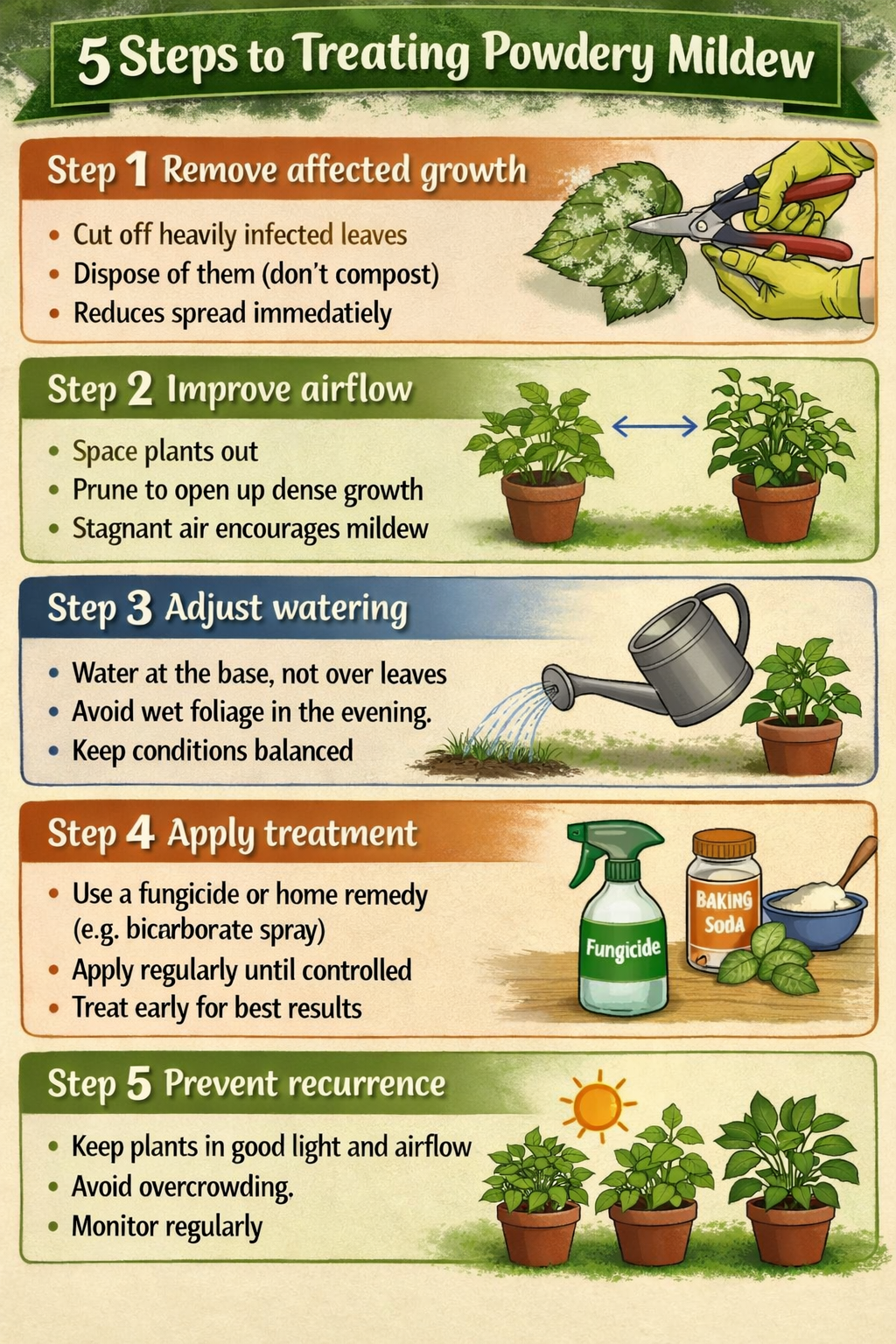5 step guide to treating powdery mildewStep 1 Remove affected growthCut off heavily infected leavesDispose of them dont compostReduces spread immediat-3