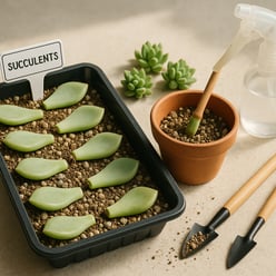 Closeup photorealistic 32 scene of succulent propagation neat tray with labeled succulent leaf cuttings showing tiny roots a small stem cutting with c