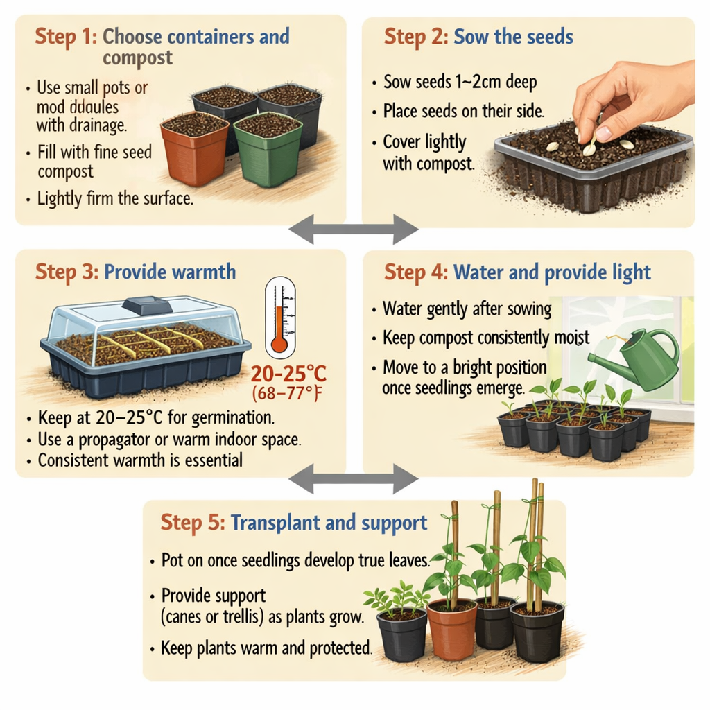 Step 1 Choose containers and compostUse small pots or modules with drainageFill with fine seed compostLightly firm the surfaceStep 2 Sow the seedsSow
