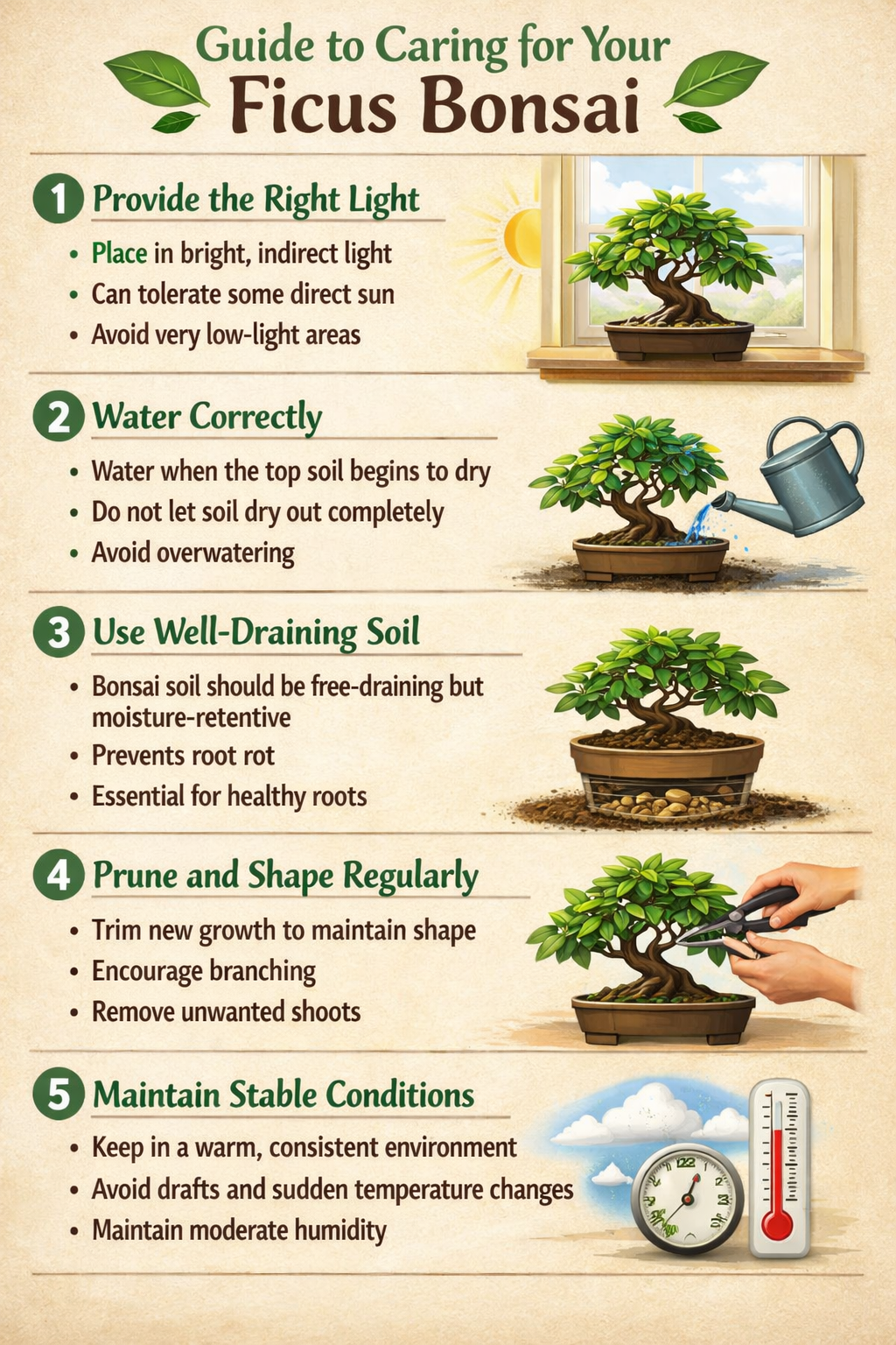 Stepbystep guide to caring for ficus bonsaiStep 1 Provide the right lightPlace in bright indirect lightCan tolerate some direct sunAvoid very lowlight