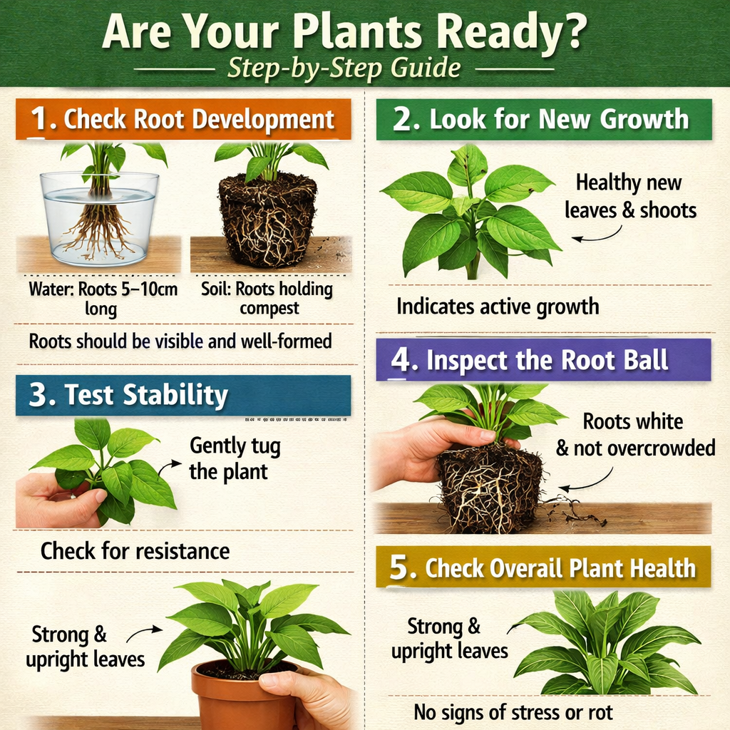 Stepbystep guide to checking if plants are readyStep 1 Check root developmentRoots should be visible and wellformedFor water propagation roots around-3