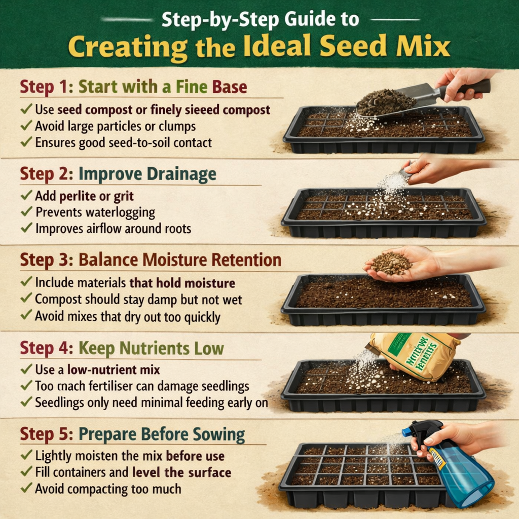 Stepbystep guide to creating the ideal seed mixStep 1 Start with a fine baseUse seed compost or finely sieved compostAvoid large particles or clumpsEn-1