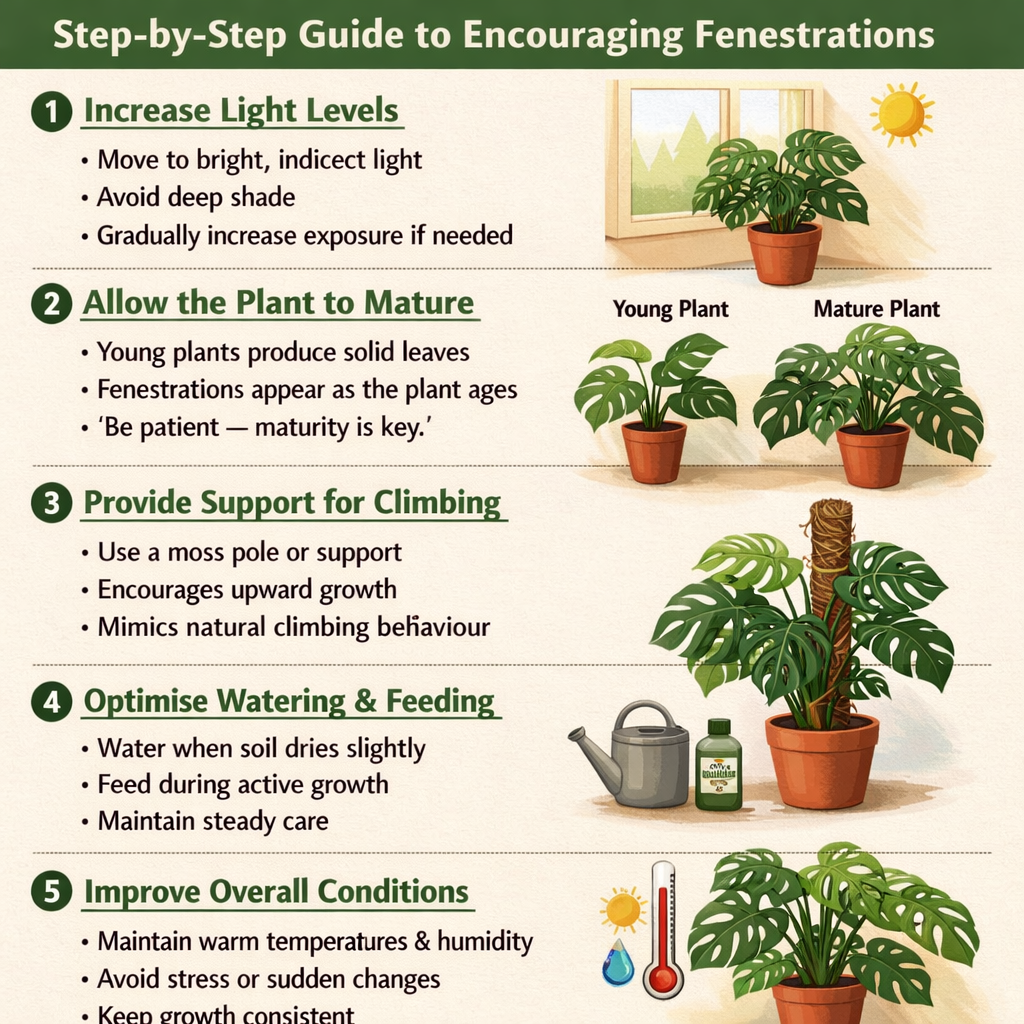 Stepbystep guide to encouraging fenestrationsStep 1 Increase light levelsMove to bright indirect lightAvoid deep shadeGradually increase exposure if n-1