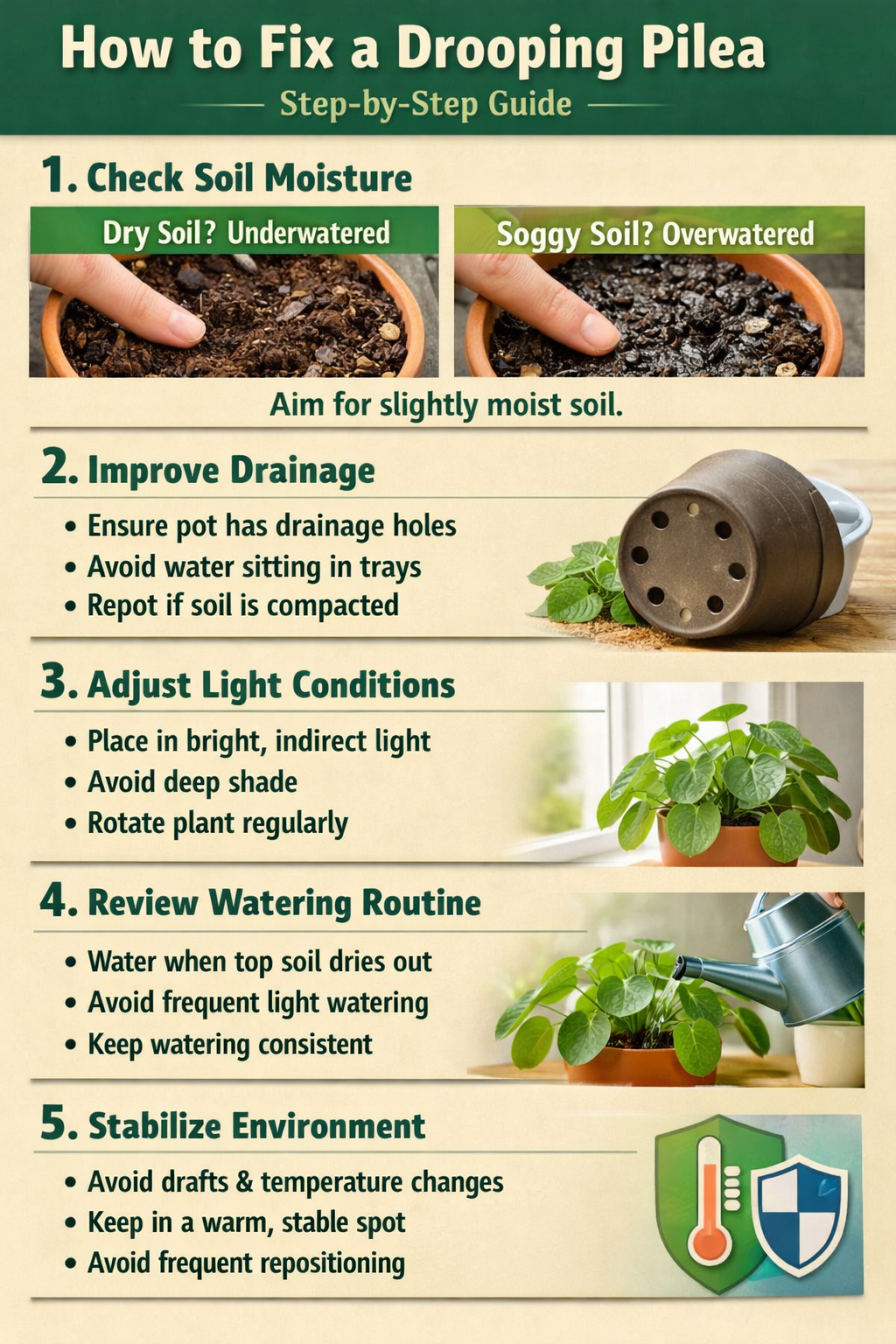 Stepbystep guide to fixing a drooping PileaStep 1 Check soil moistureIf soil is dry the plant is underwateredIf soil is wet or soggy it may be overwat