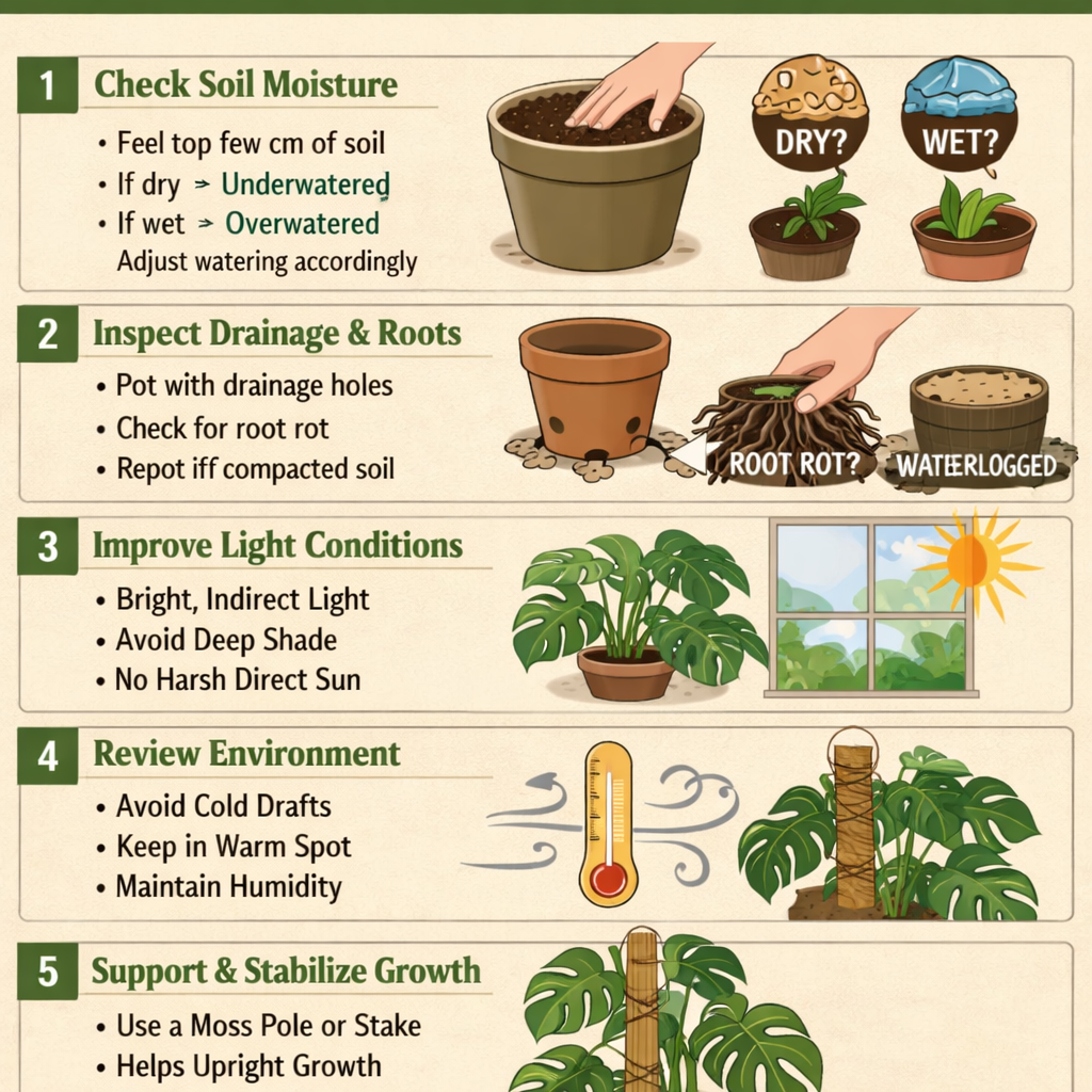 Stepbystep guide to fixing a drooping monsteraStep 1 Check soil moistureFeel the top few centimetres of soilIf dry plant may be underwateredIf wet l-2