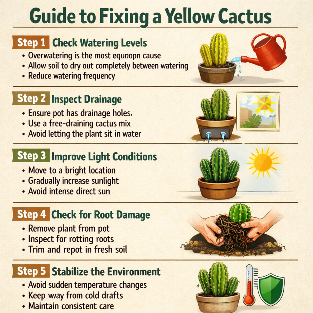 Stepbystep guide to fixing a yellow cactusStep 1 Check watering levelsThe most common cause is overwateringAllow soil to dry out completely between wa