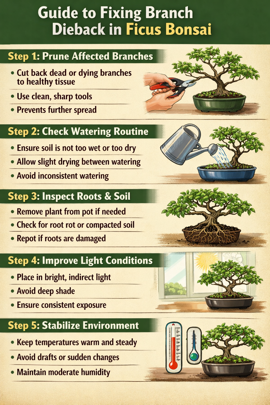 Stepbystep guide to fixing branch dieback in Ficus BonsaiStep 1 Prune affected branchesCut back dead or dying branches to healthy tissueUse clean shar