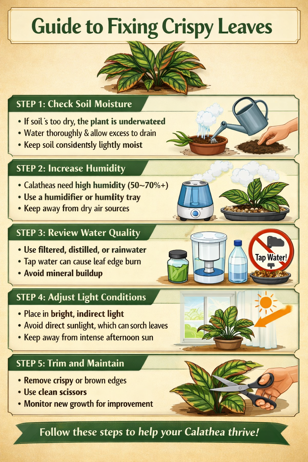 Stepbystep guide to fixing crispy leavesStep 1 Check soil moistureIf soil is too dry the plant is underwateredWater thoroughly and allow excess to dra-1