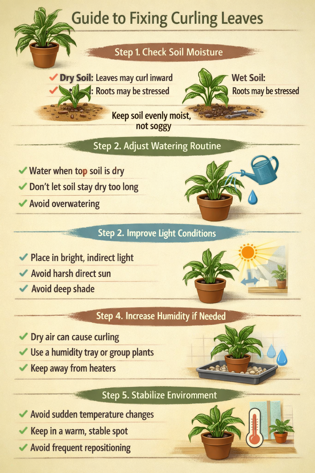 Stepbystep guide to fixing curling leavesStep 1 Check soil moistureIf soil is too dry leaves may curl inwardIf soil is too wet roots may be stressedKe-1