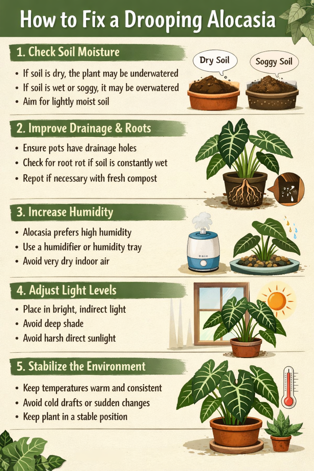 Stepbystep guide to fixing drooping AlocasiaStep 1 Check soil moistureIf soil is dry the plant may be underwateredIf soil is wet or soggy it may be ov