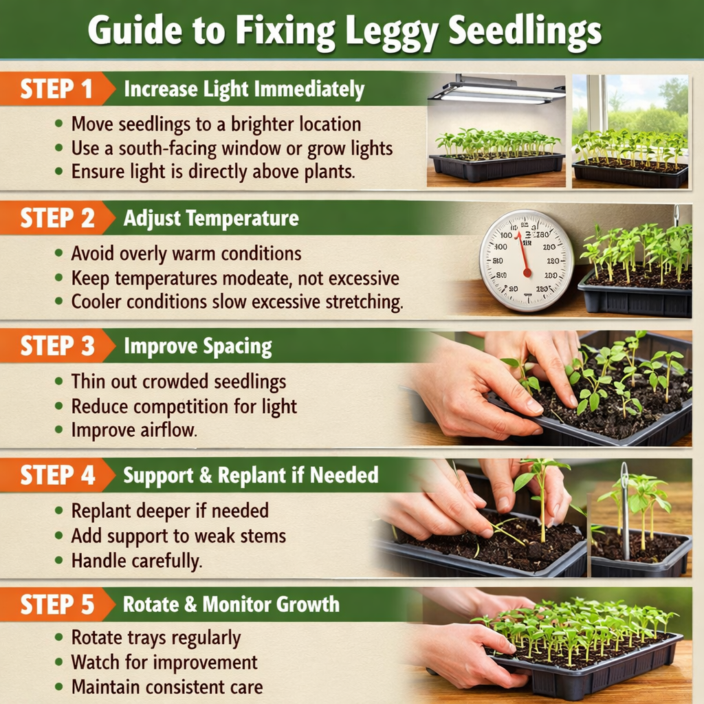Stepbystep guide to fixing leggy seedlingsStep 1 Increase light immediatelyMove seedlings to a brighter locationUse a southfacing window or grow light