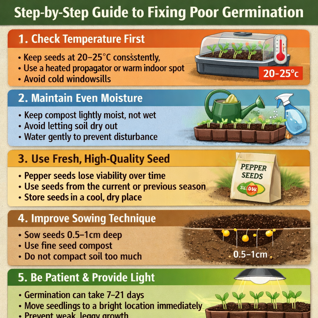 Stepbystep guide to fixing poor germinationStep 1 Check temperature firstKeep seeds at 2025C consistentlyUse a heated propagator or warm indoor spotAv