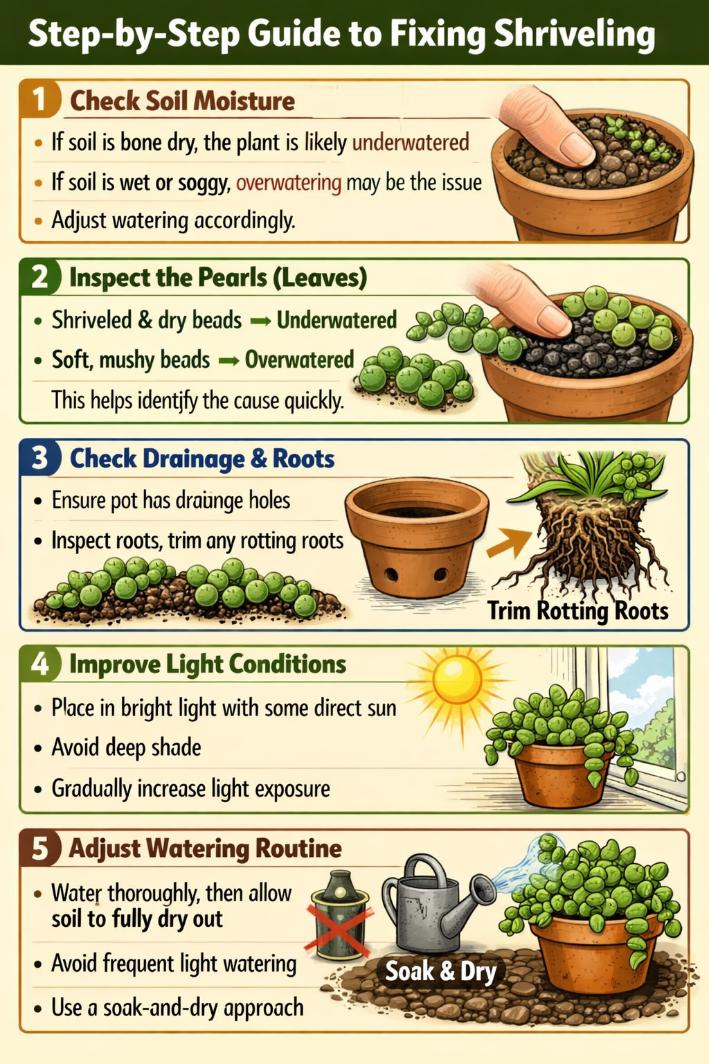 Stepbystep guide to fixing shrivelingStep 1 Check soil moistureIf soil is bone dry the plant is likely underwateredIf soil is wet or soggy overwaterin-1