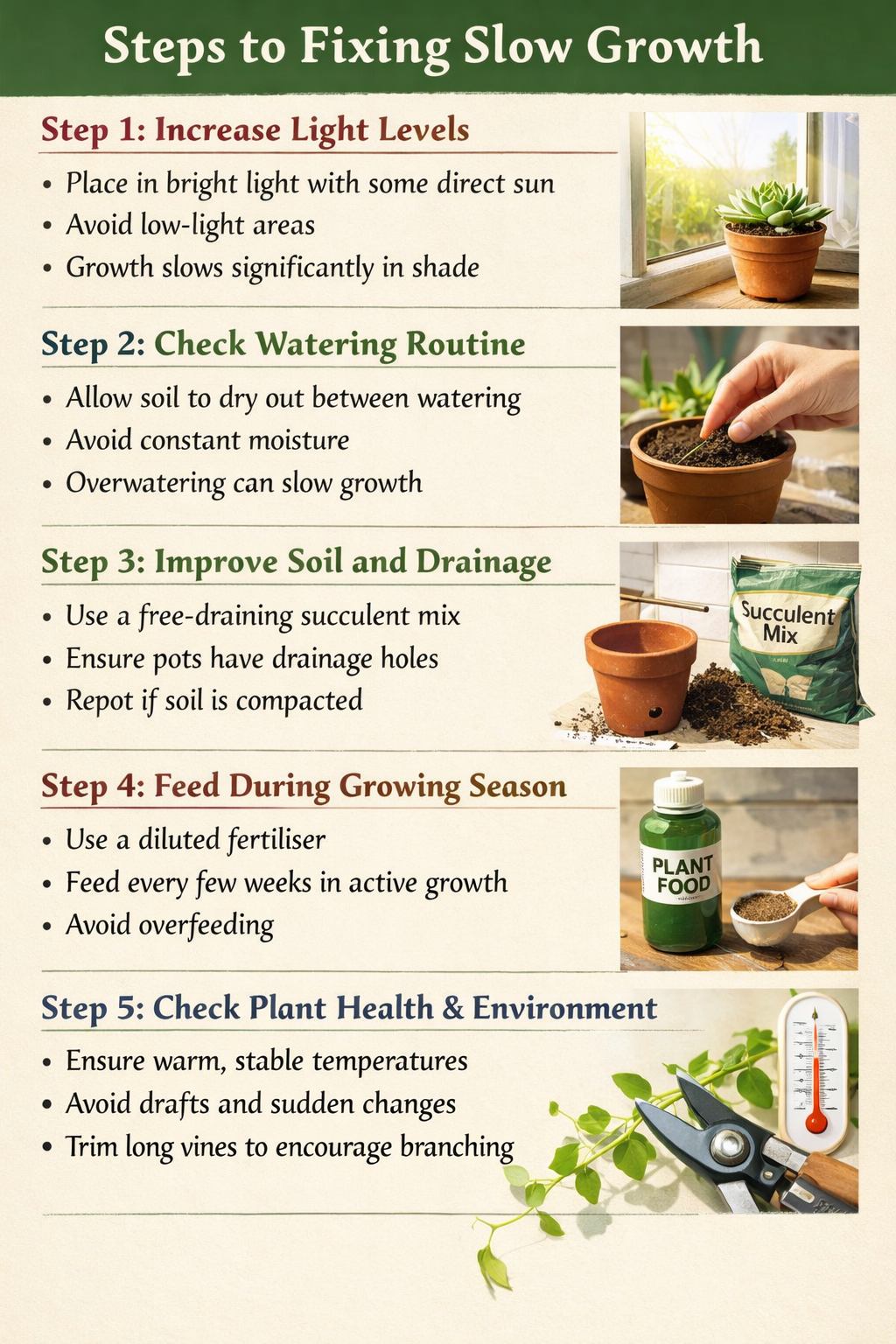 Stepbystep guide to fixing slow growthStep 1 Increase light levelsPlace in bright light with some direct sunAvoid lowlight areasGrowth slows significa-1
