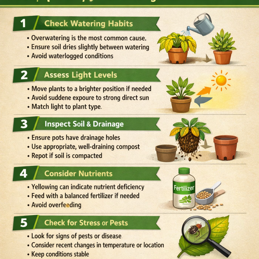 Stepbystep guide to fixing yellow leavesStep 1 Check watering habitsOverwatering is the most common causeEnsure soil dries slightly between wateringAv-1