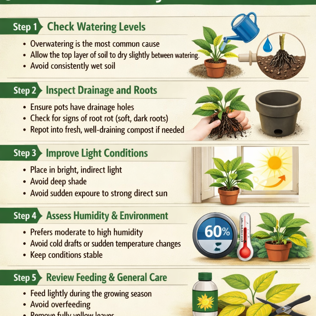 Stepbystep guide to fixing yellow leavesStep 1 Check watering levelsOverwatering is the most common causeAllow the top layer of soil to dry slightly b-1