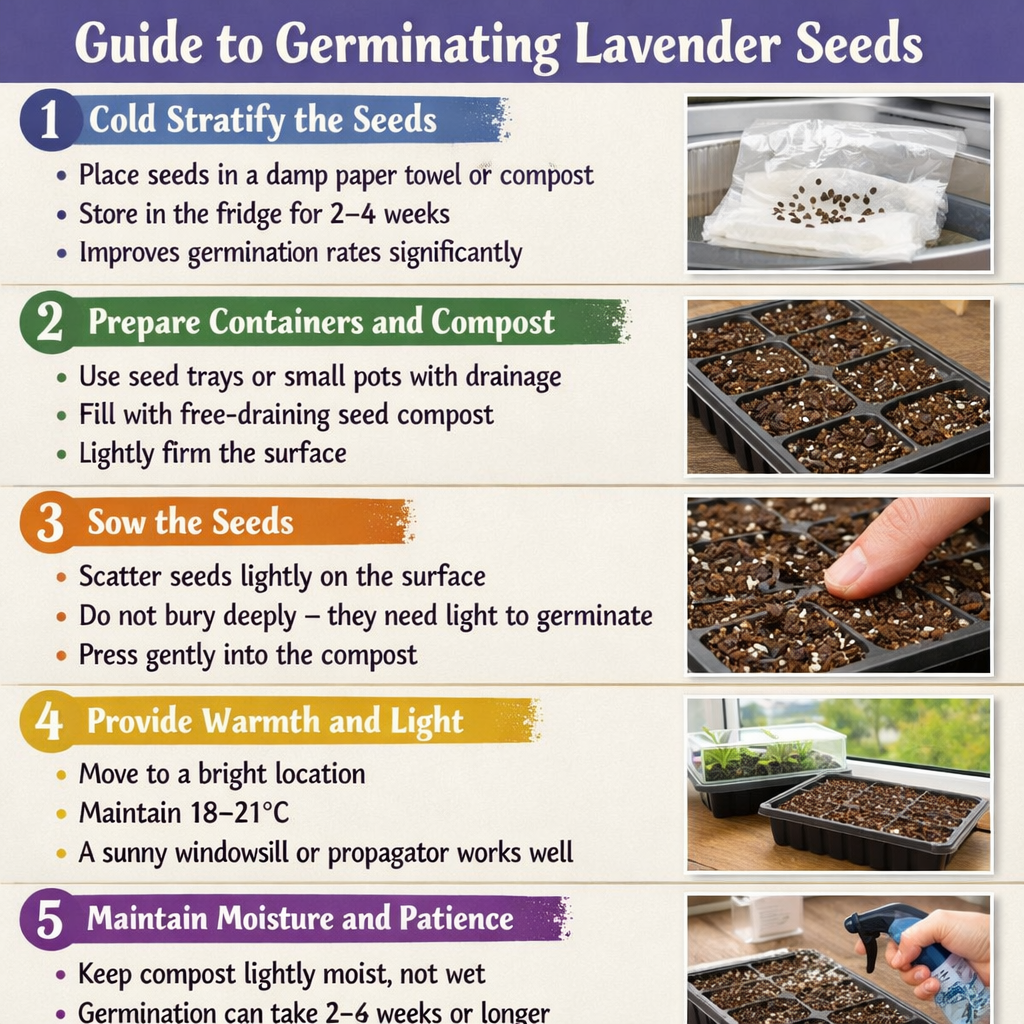 Stepbystep guide to germinating lavender seedsStep 1 Cold stratify the seedsPlace seeds in a damp paper towel or compostStore in the fridge for 24 wee-1