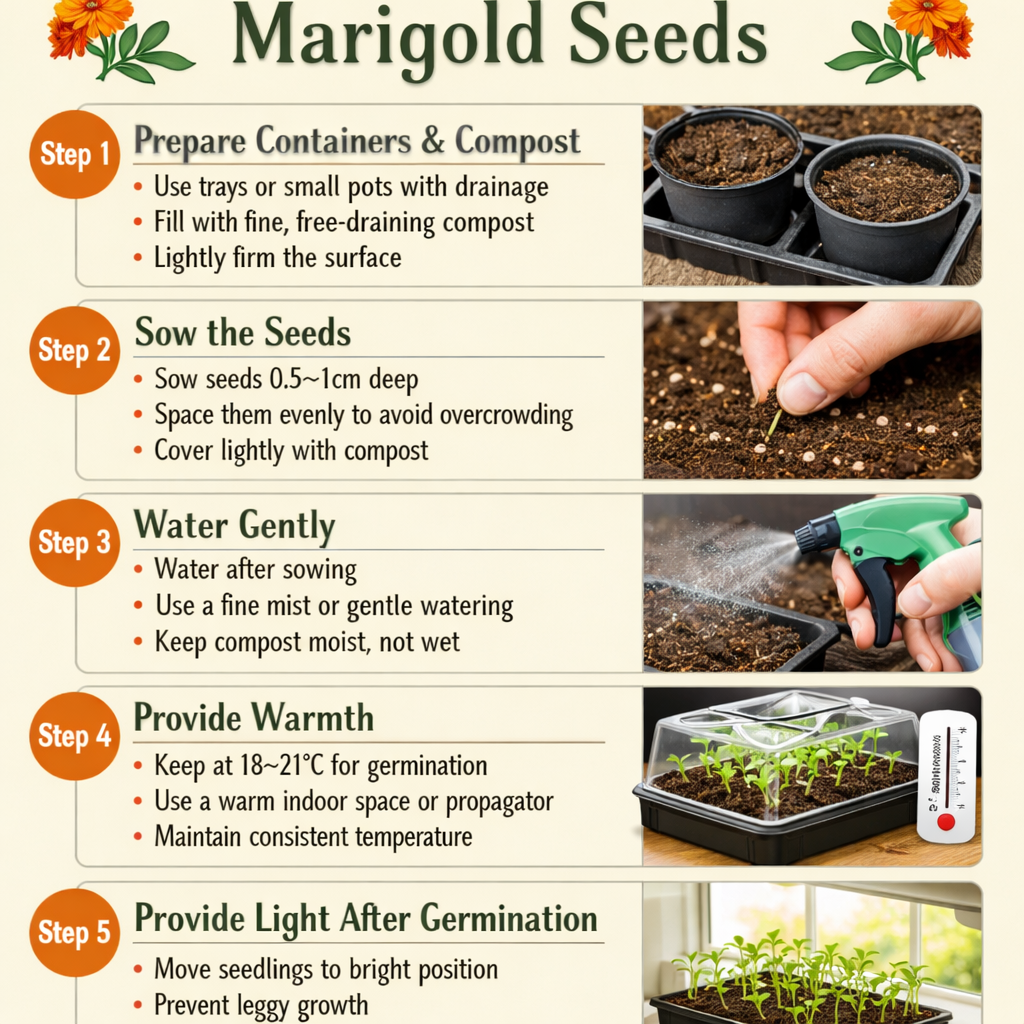 Stepbystep guide to germinating marigold seedsStep 1 Prepare containers and compostUse trays or small pots with drainageFill with fine freedraining co-3