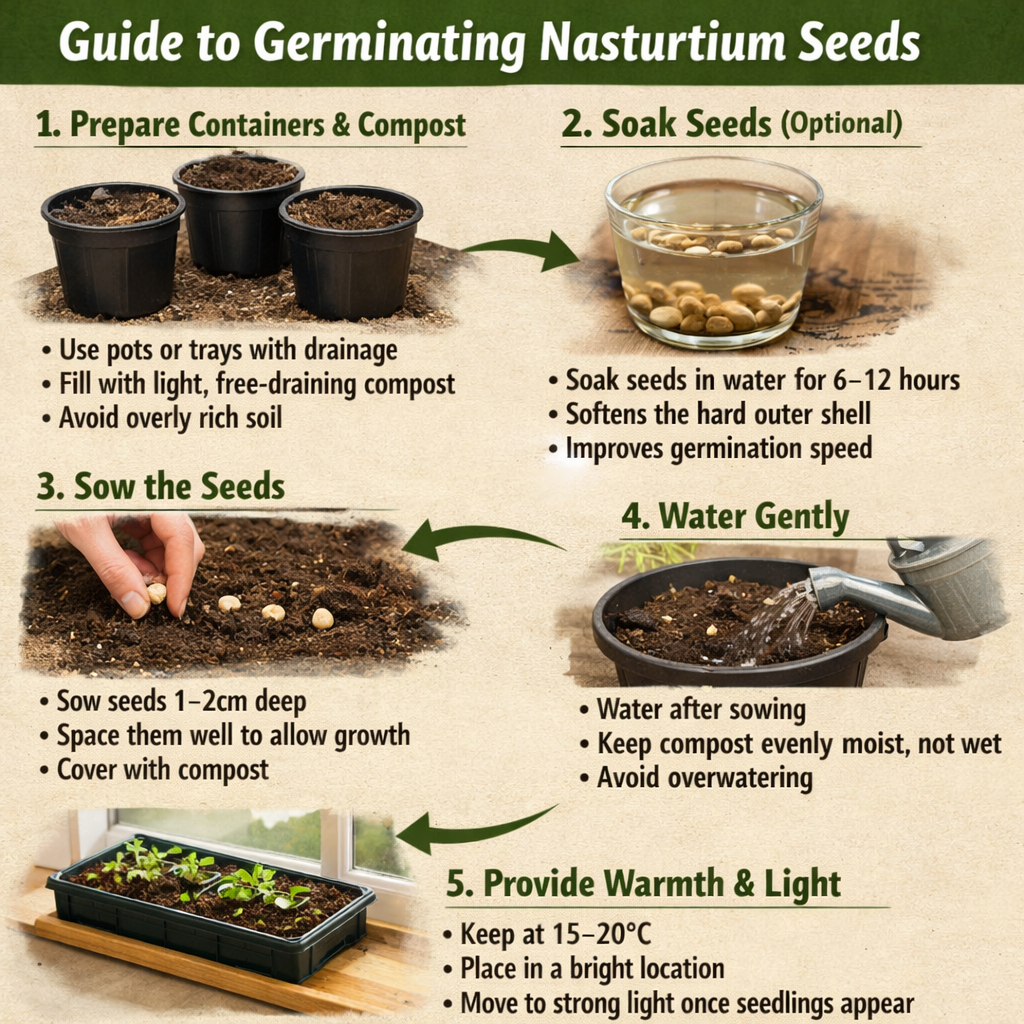 Stepbystep guide to germinating nasturtium seedsStep 1 Prepare containers and compostUse pots or trays with drainageFill with light freedraining compo-1